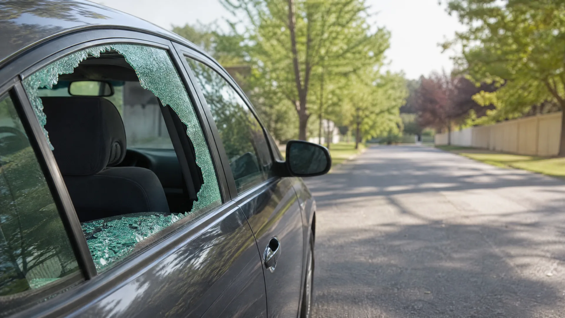 A dark sedan parked on a residential street with its rear passenger window smashed, leaving shattered green-tinted glass fragments around the opening and on the door frame.