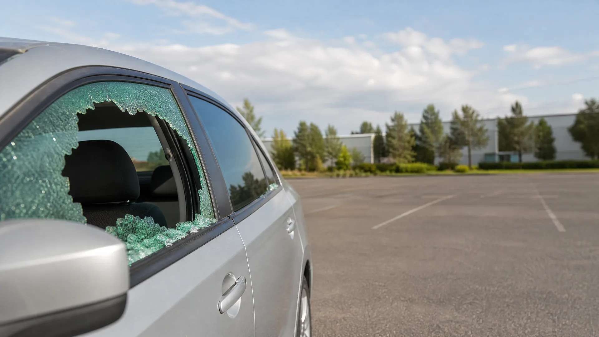 A silver car with a shattered rear side window, glass fragments scattered on the door frame, parked in an empty asphalt lot with trees and a low industrial building in the background.