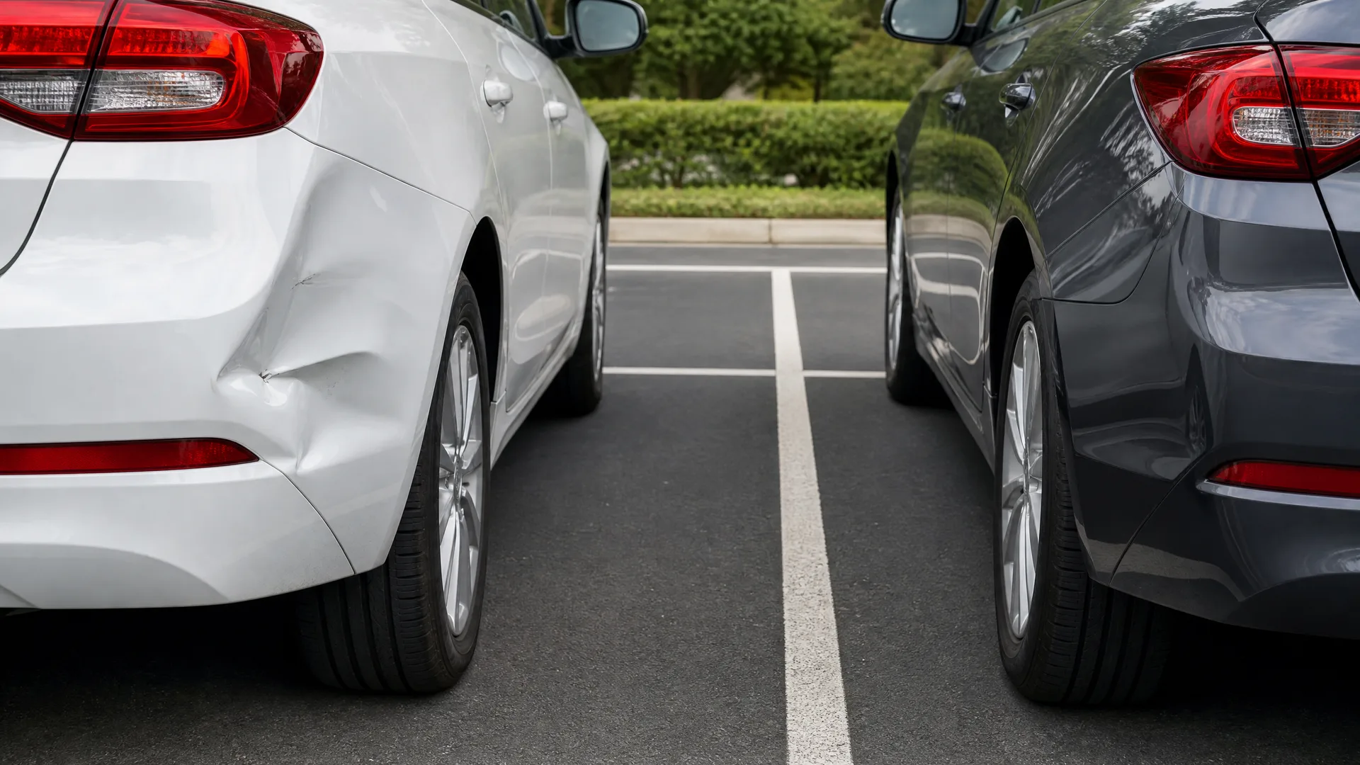 Rear corners of two parked cars in adjacent marked spaces, the silver one on the left showing a dent and crease in its rear quarter panel, with trimmed hedges behind.