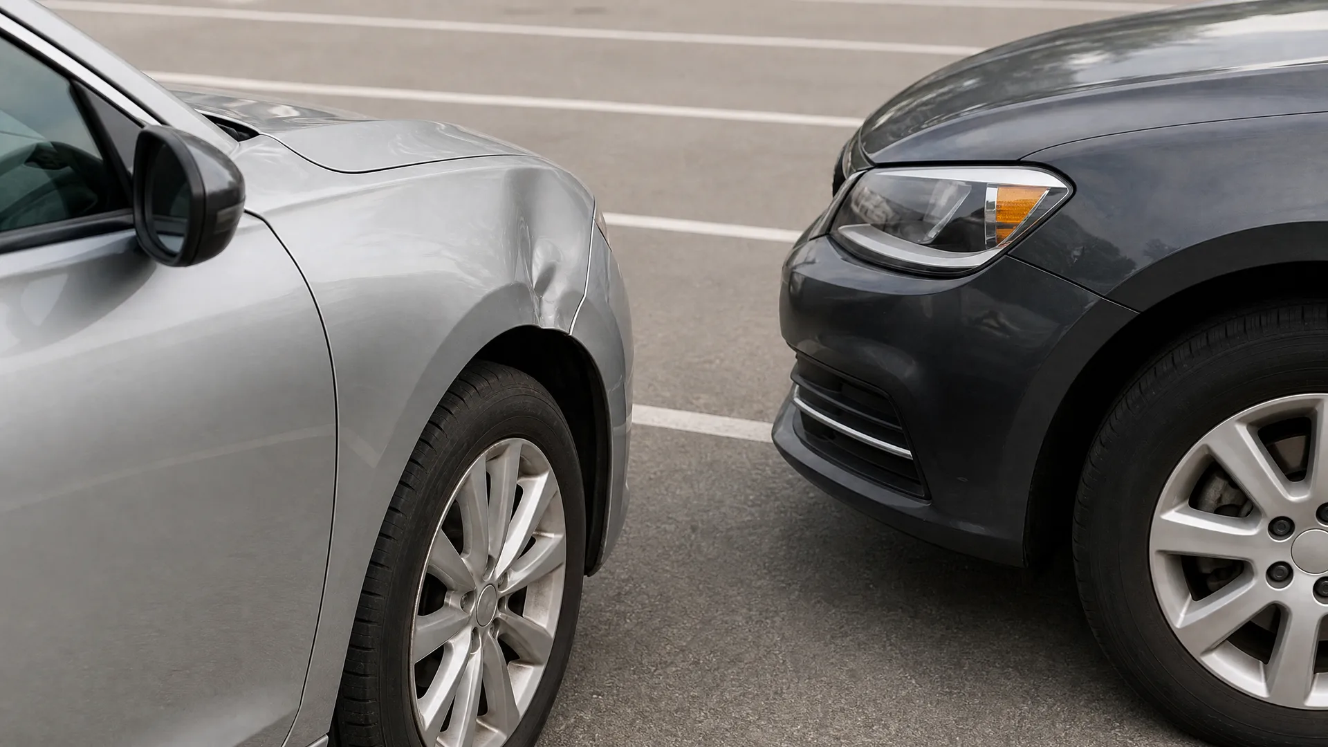 Front corners of two cars facing each other in a marked parking lot, with a dent in the silver car's front fender near the dark gray car's bumper.