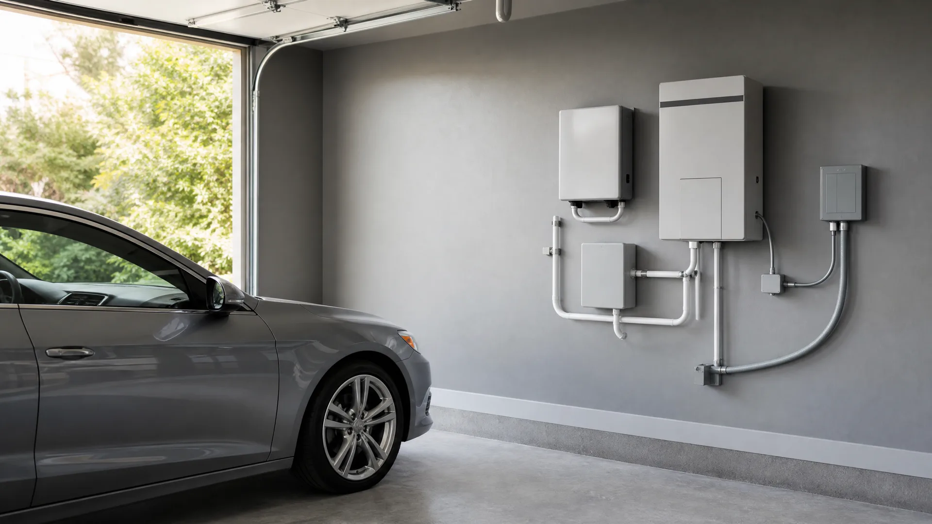 Interior of a garage with a gray sedan parked beside an open garage door showing green trees outside, and several wall-mounted white equipment units connected by conduit on the gray wall.
