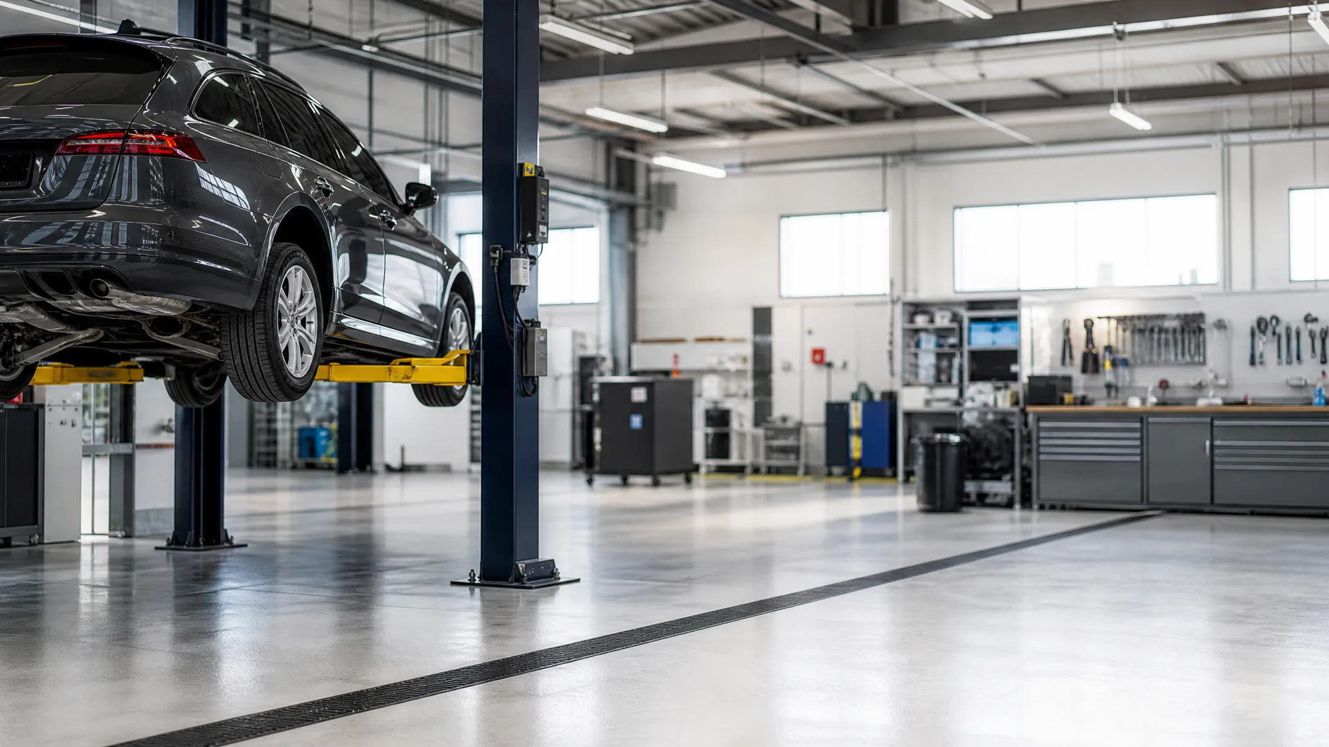 A dark grey station wagon raised on a two-post lift inside a workshop with a polished concrete floor, tool cabinets, and a pegboard of hand tools along the back wall.