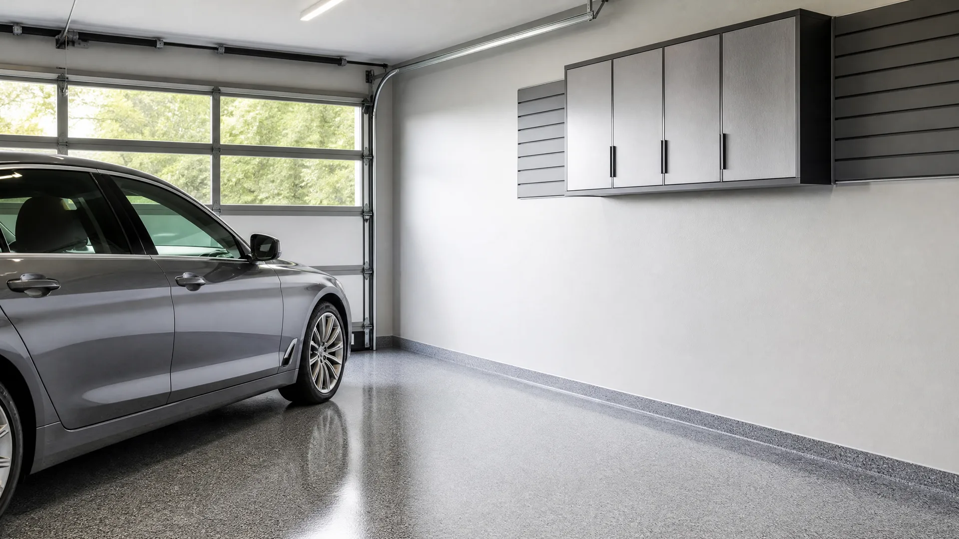 Interior of a garage with a glossy speckled epoxy floor, a gray sedan parked on the left beside a glass-paneled overhead door, and gray wall-mounted cabinets with slatwall panels on the right wall.