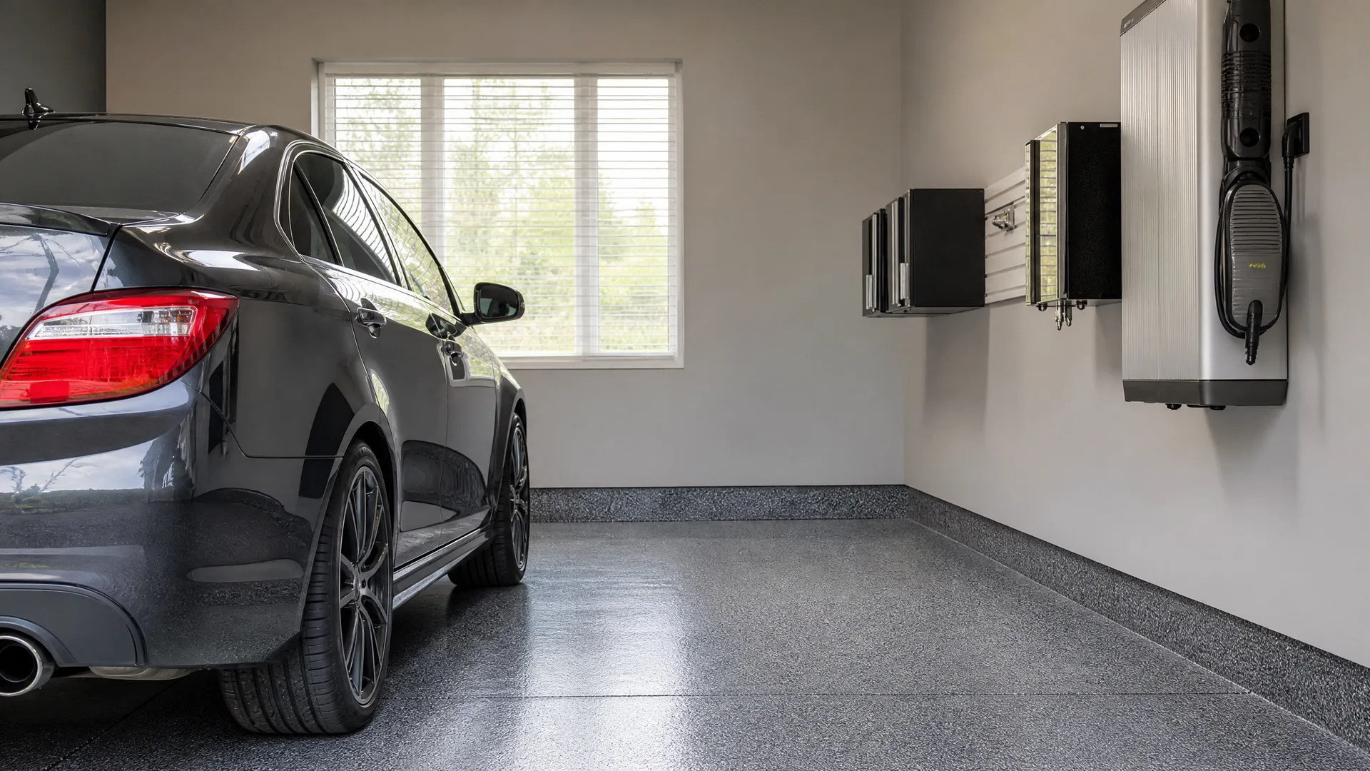 A dark gray sedan parked in a garage with a speckled epoxy floor, a window with blinds on the left wall, and wall-mounted storage cabinets and a large wall unit with a coiled cable on the right.
