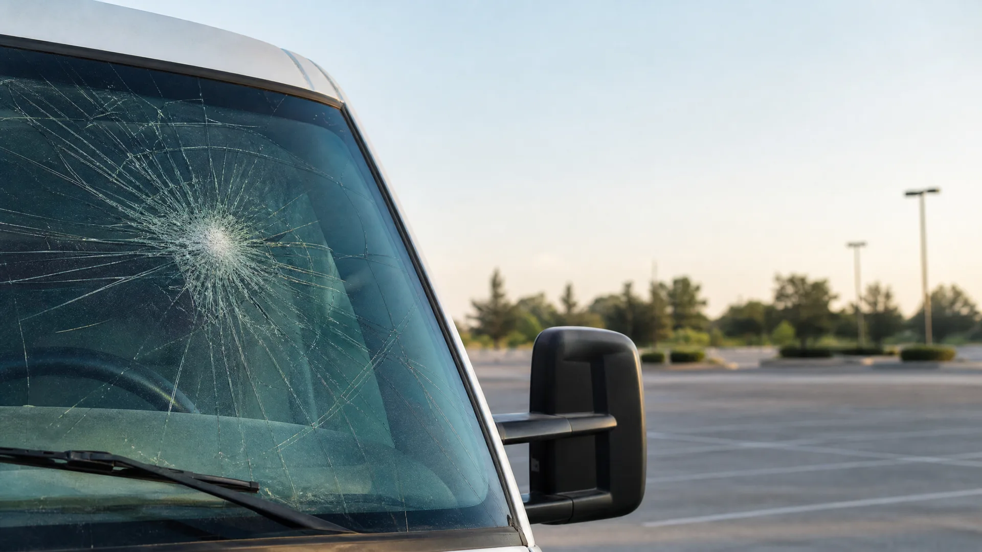 Close-up of a white vehicle's windshield with a large impact crack radiating from a central point, with a black side mirror and an empty paved parking lot with trees and light poles in the background.