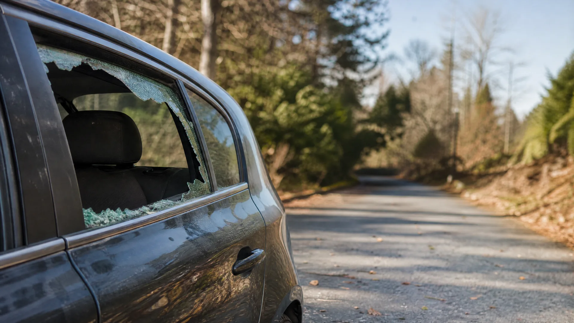 A dark grey car parked on a gravel road beside trees, with its rear side window smashed and broken glass on the door frame and seat.