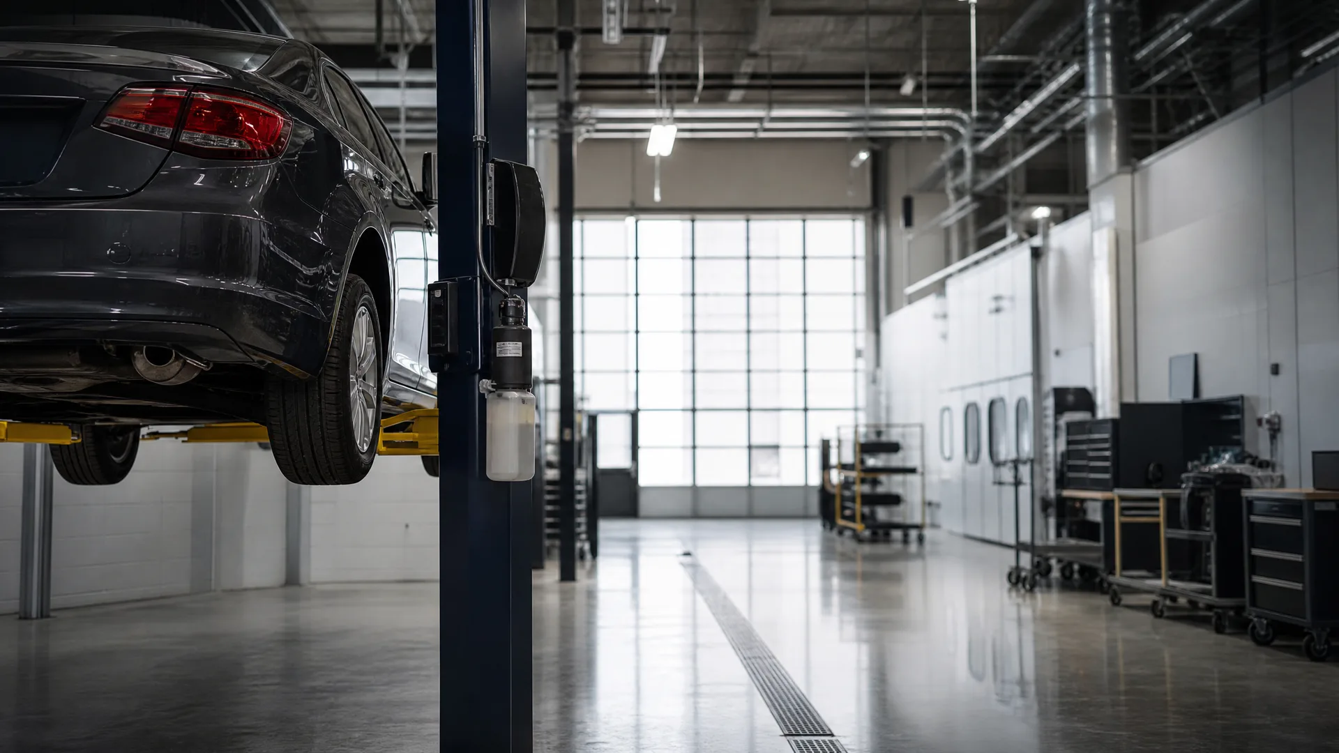 Interior of an auto repair shop with a dark sedan raised on a two-post lift at left, a floor drain channel down the center, and tool cabinets and white cabinetry along the right wall.