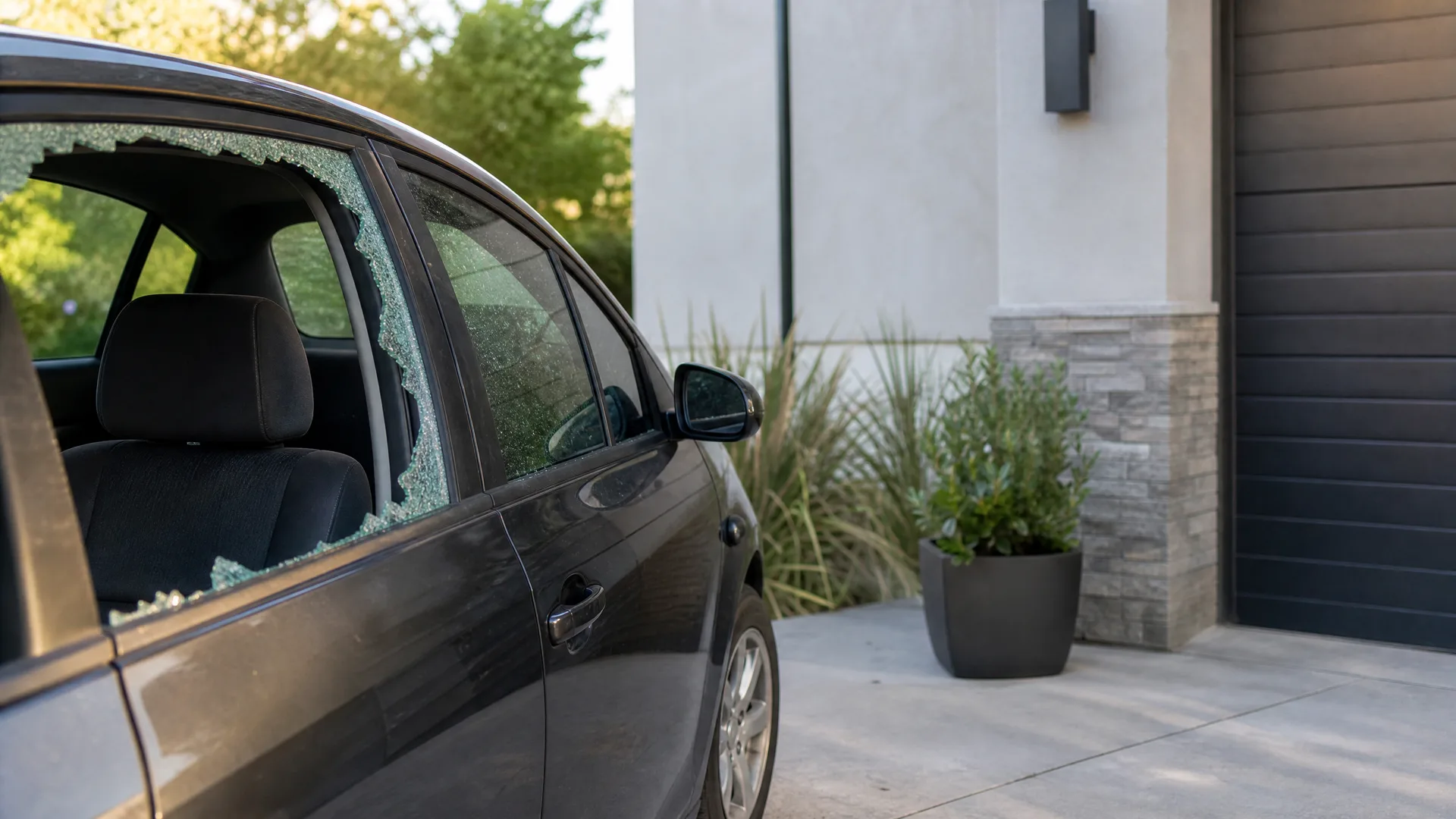 A dark gray car parked on a concrete driveway with its rear side window shattered and broken glass on the seat, beside a white stucco house with a stone-clad column, potted shrub, and dark garage door.