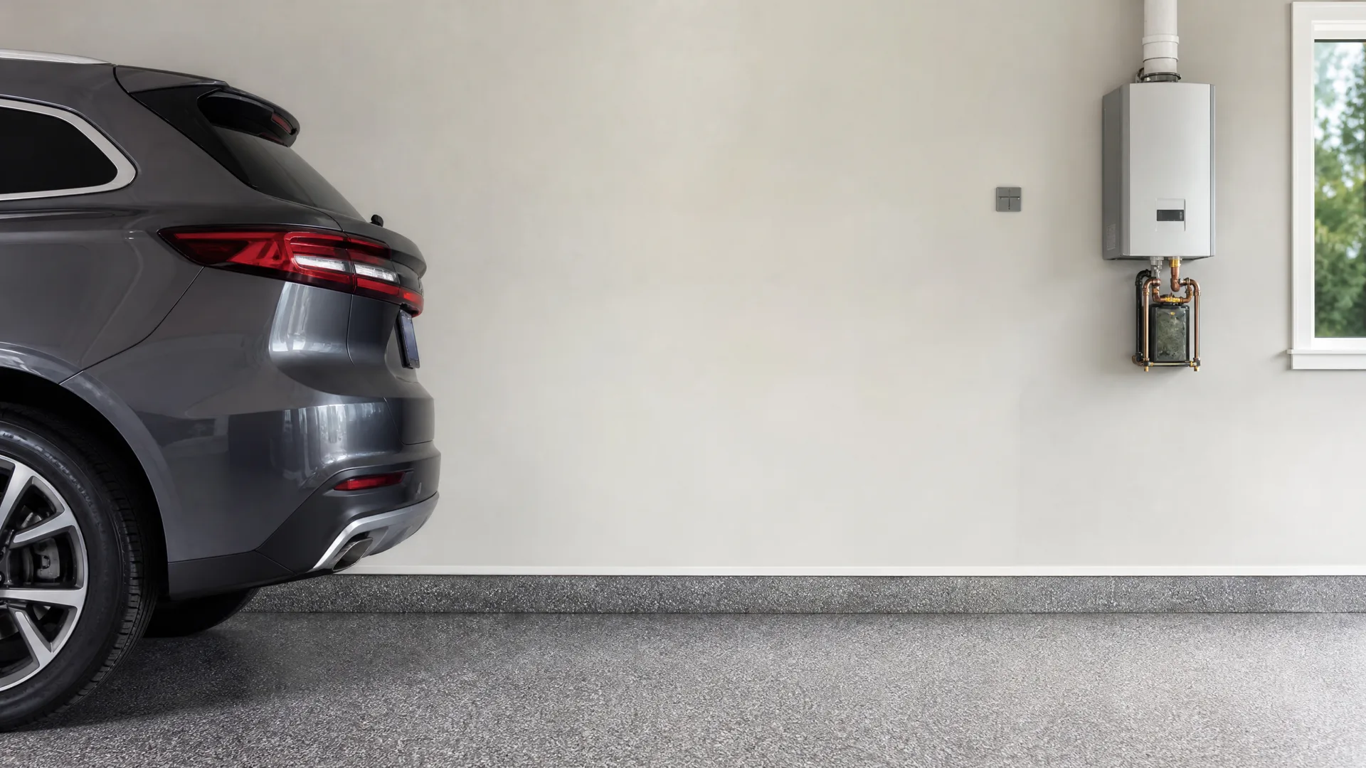 Garage interior with a speckled epoxy floor, a gray SUV parked at left, and a wall-mounted tankless water heater with copper piping beside a window at right.