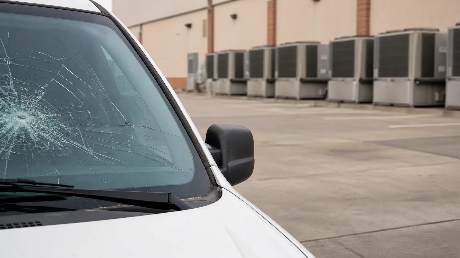A white van with a heavily cracked windshield parked on concrete pavement beside a building with a row of outdoor HVAC condenser units.