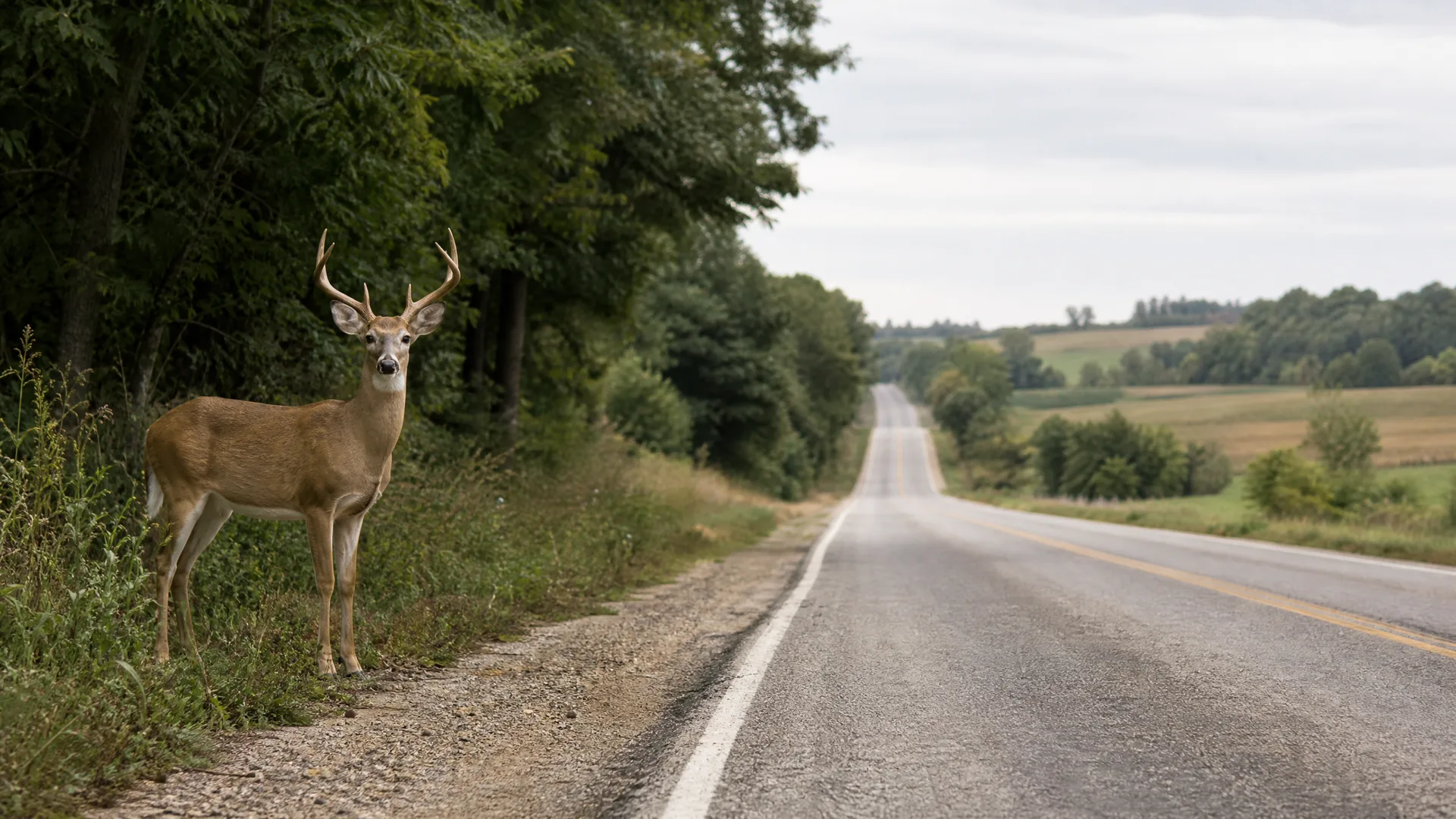 A white-tailed buck with antlers stands on the grassy shoulder of a two-lane rural road bordered by trees, with open fields in the distance.