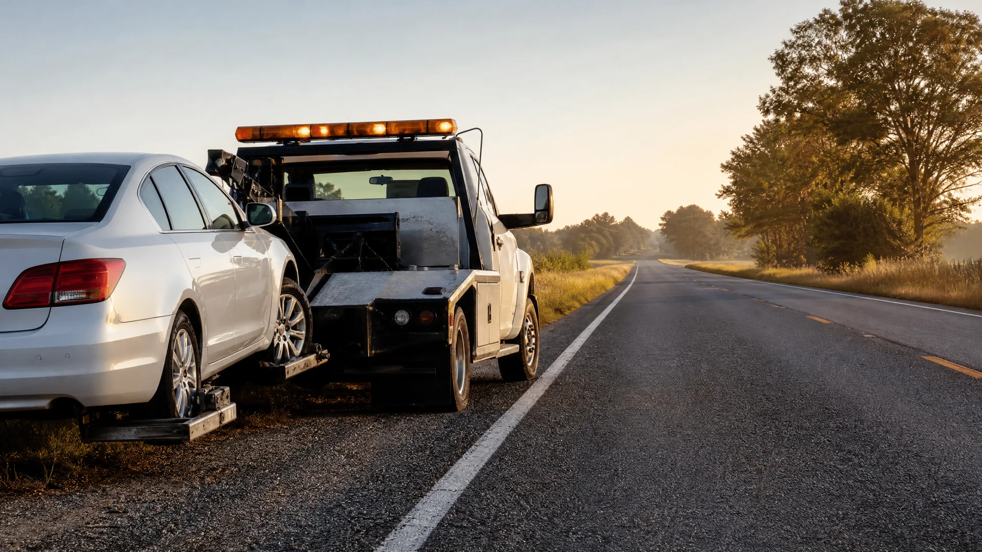 A tow truck with amber light bar parked on the shoulder of a rural two-lane road, towing a white sedan by its front wheels, with trees and grass alongside at low sun.