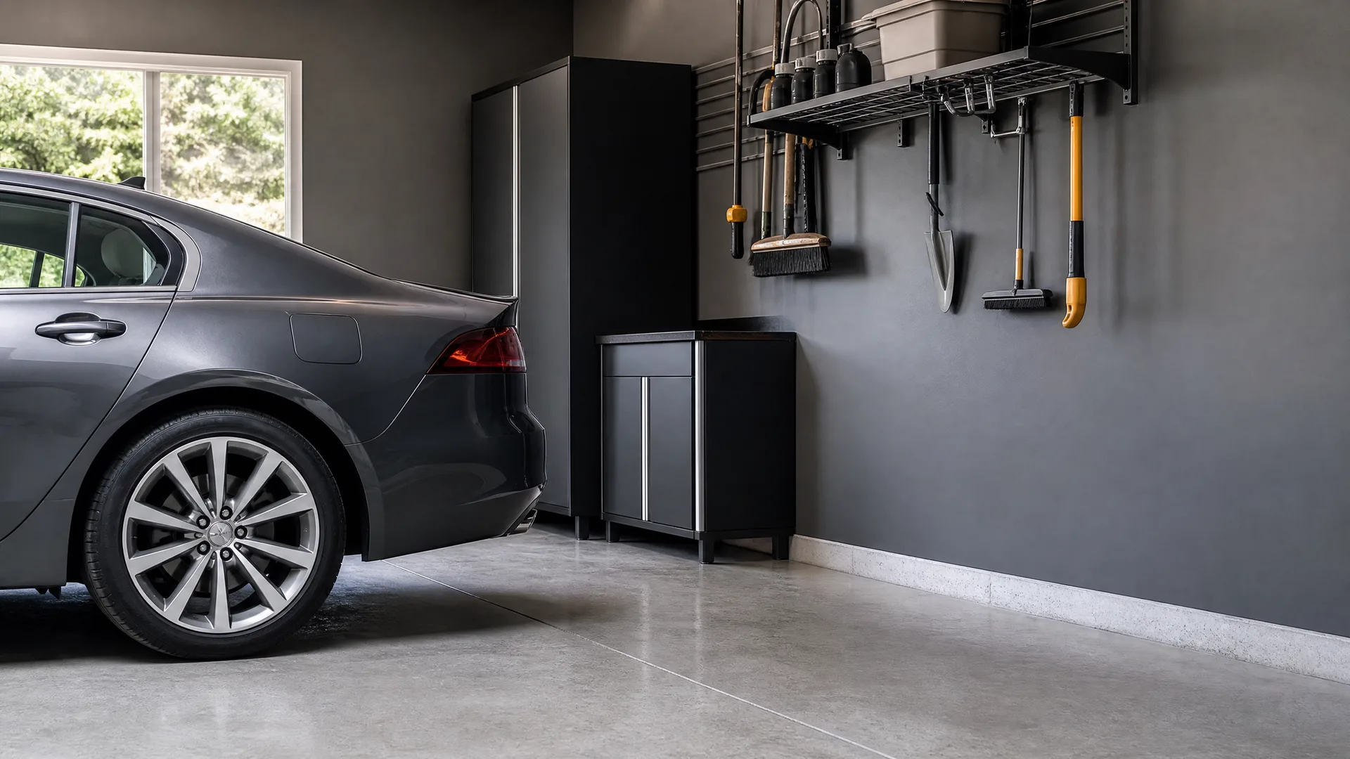 A dark gray sedan parked in a garage with gray walls, a polished concrete floor, black storage cabinets, and brooms and a shovel hanging on a wall rack.