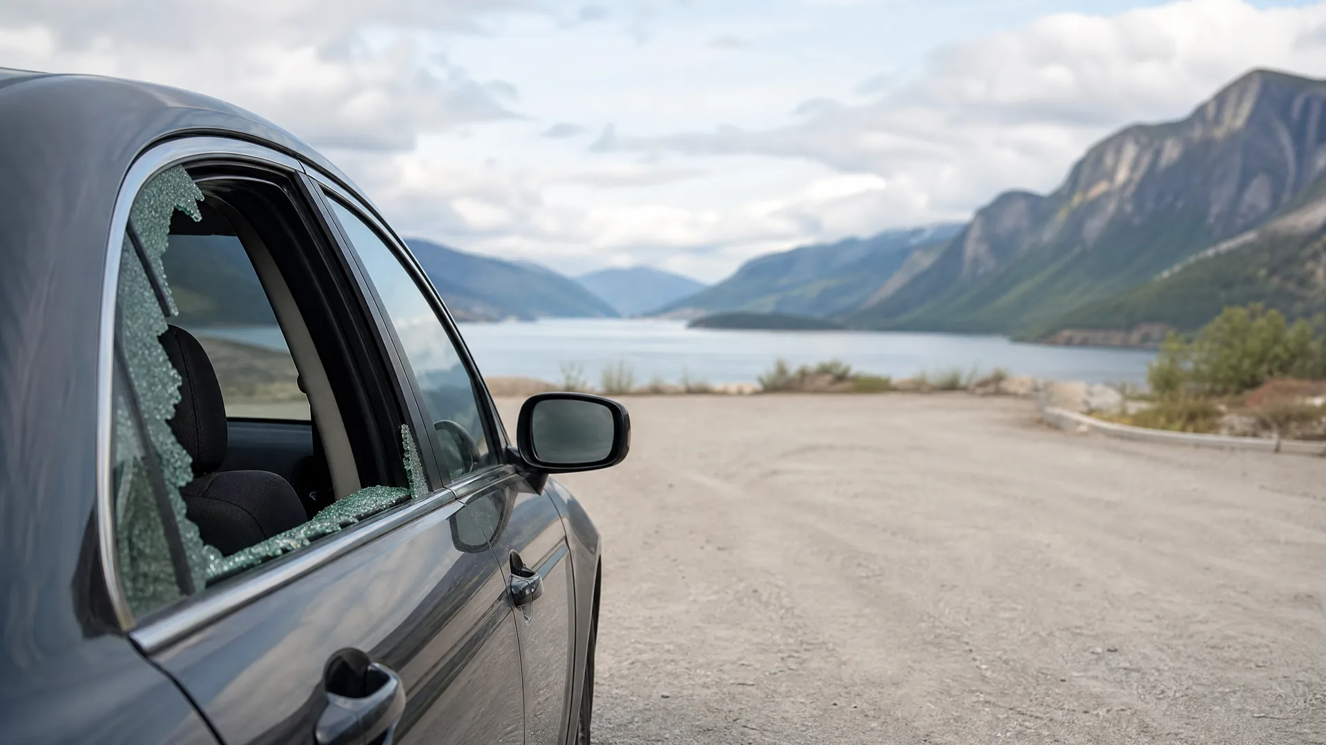 A dark grey car with a shattered rear side window parked on a gravel area overlooking a lake surrounded by mountains.
