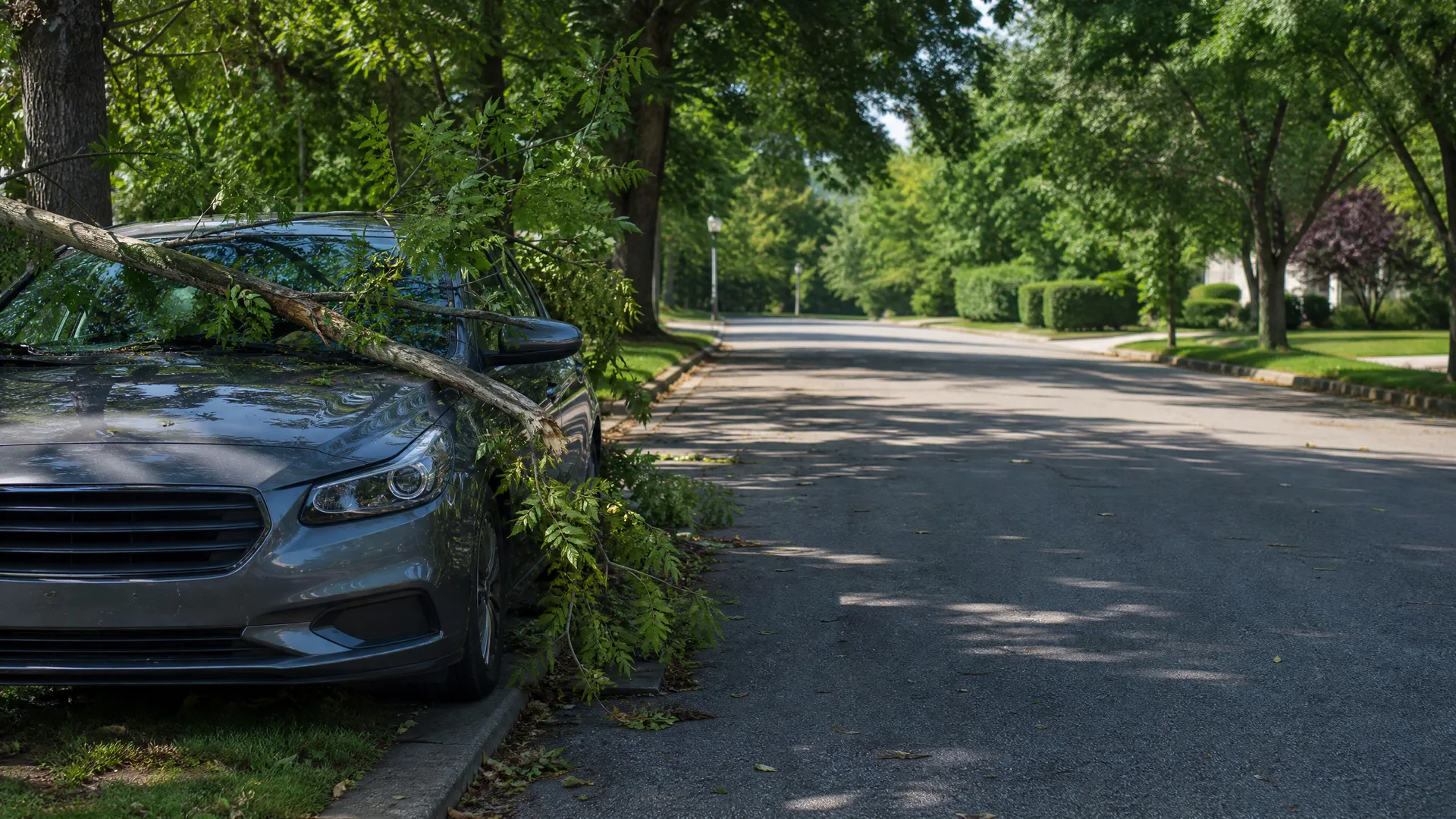 A large fallen tree limb with green leaves rests across the hood and windshield of a gray sedan parked at the curb of a tree-lined residential street.