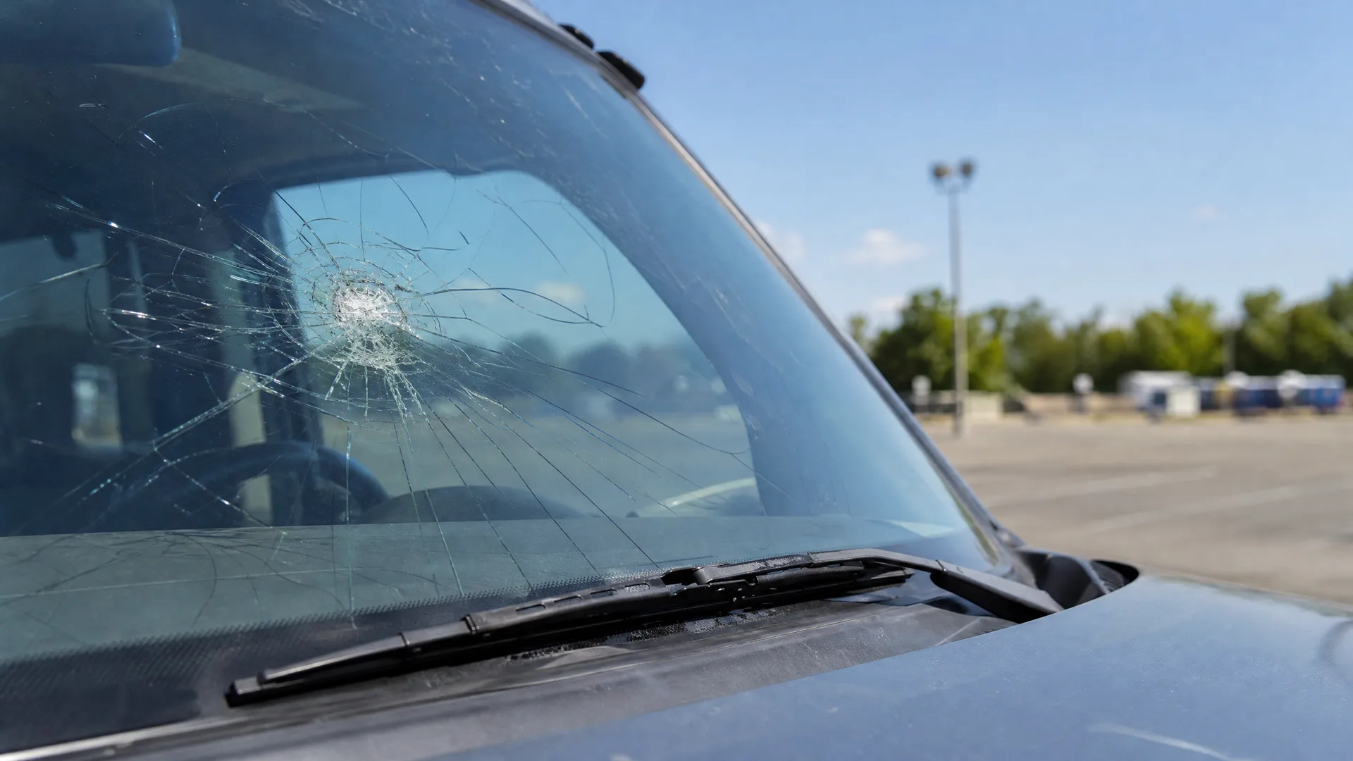 Close-up of a vehicle windshield with a large impact point and radiating cracks, seen from the hood, with a paved lot, light pole and trees under a clear blue sky in the background.
