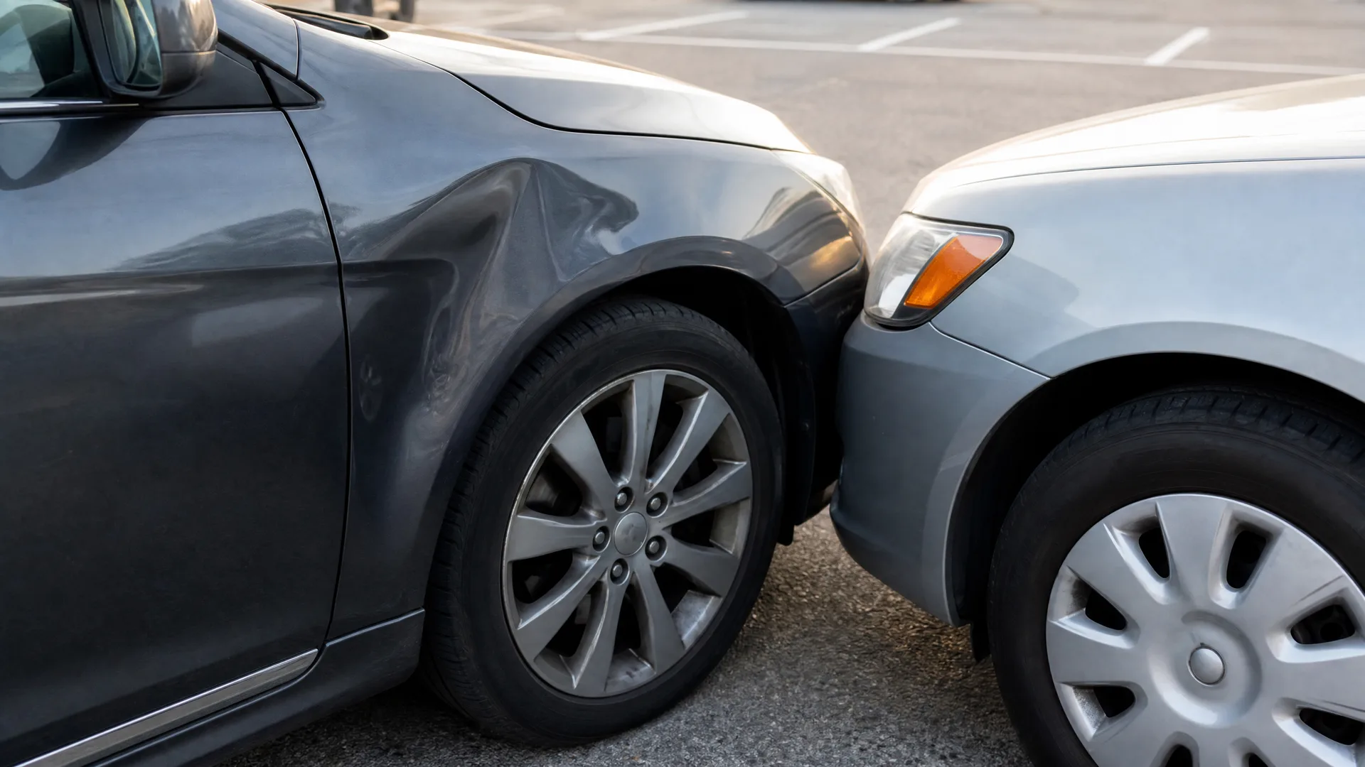 Close-up of two cars touching in a paved parking lot, with a dent in the front fender of the dark gray car beside the front bumper of a lighter silver car.