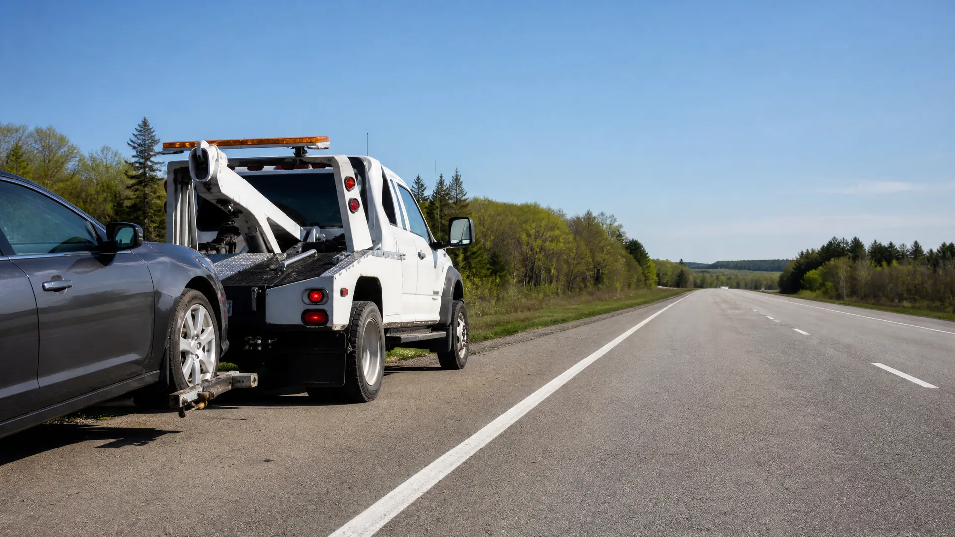 A white tow truck parked on the shoulder of a two-lane highway towing a dark gray sedan, with trees and clear blue sky in the background.