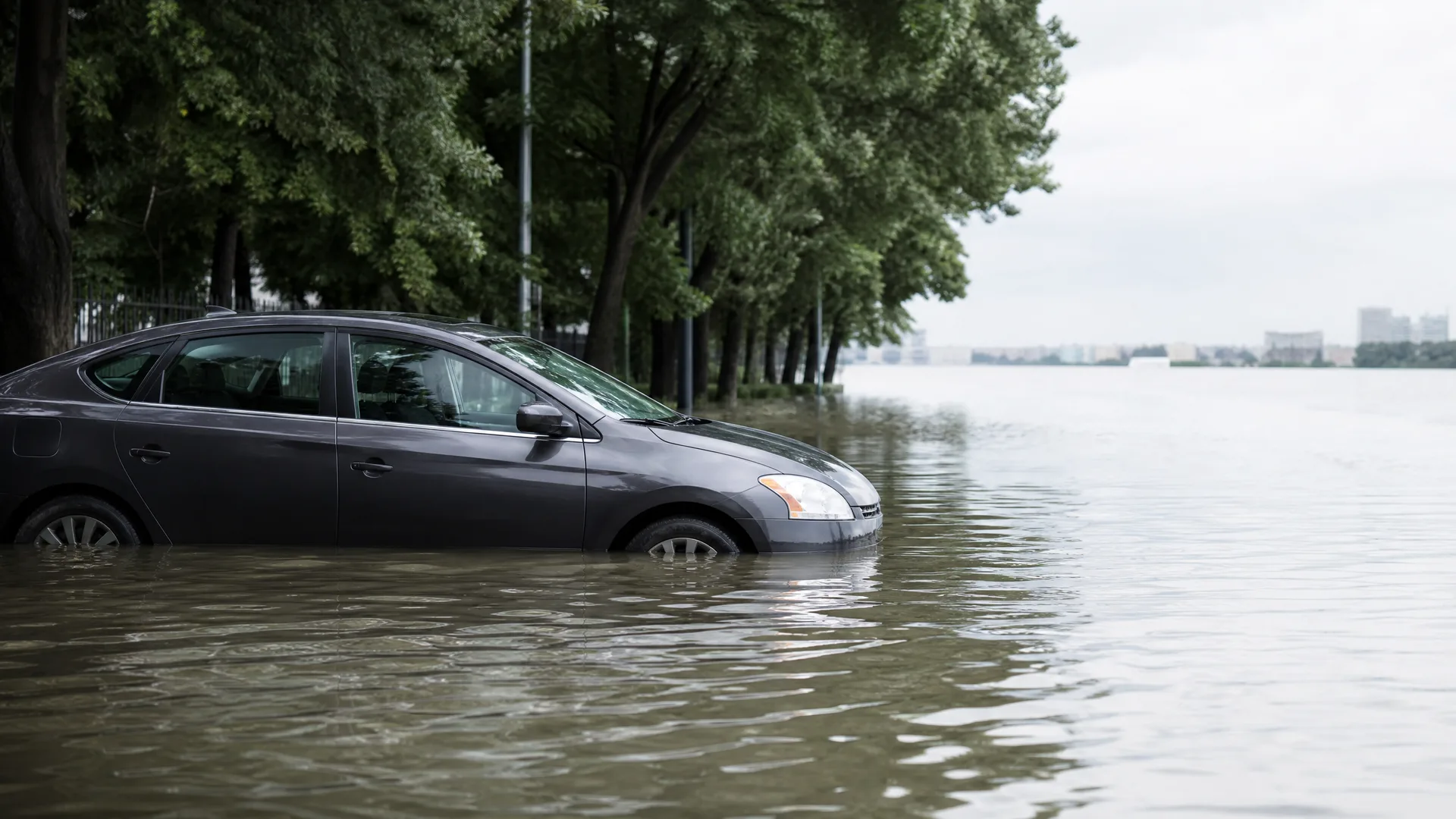 A dark gray sedan sits partly submerged in brown floodwater that covers a tree-lined road, with distant buildings visible across the water under an overcast sky.