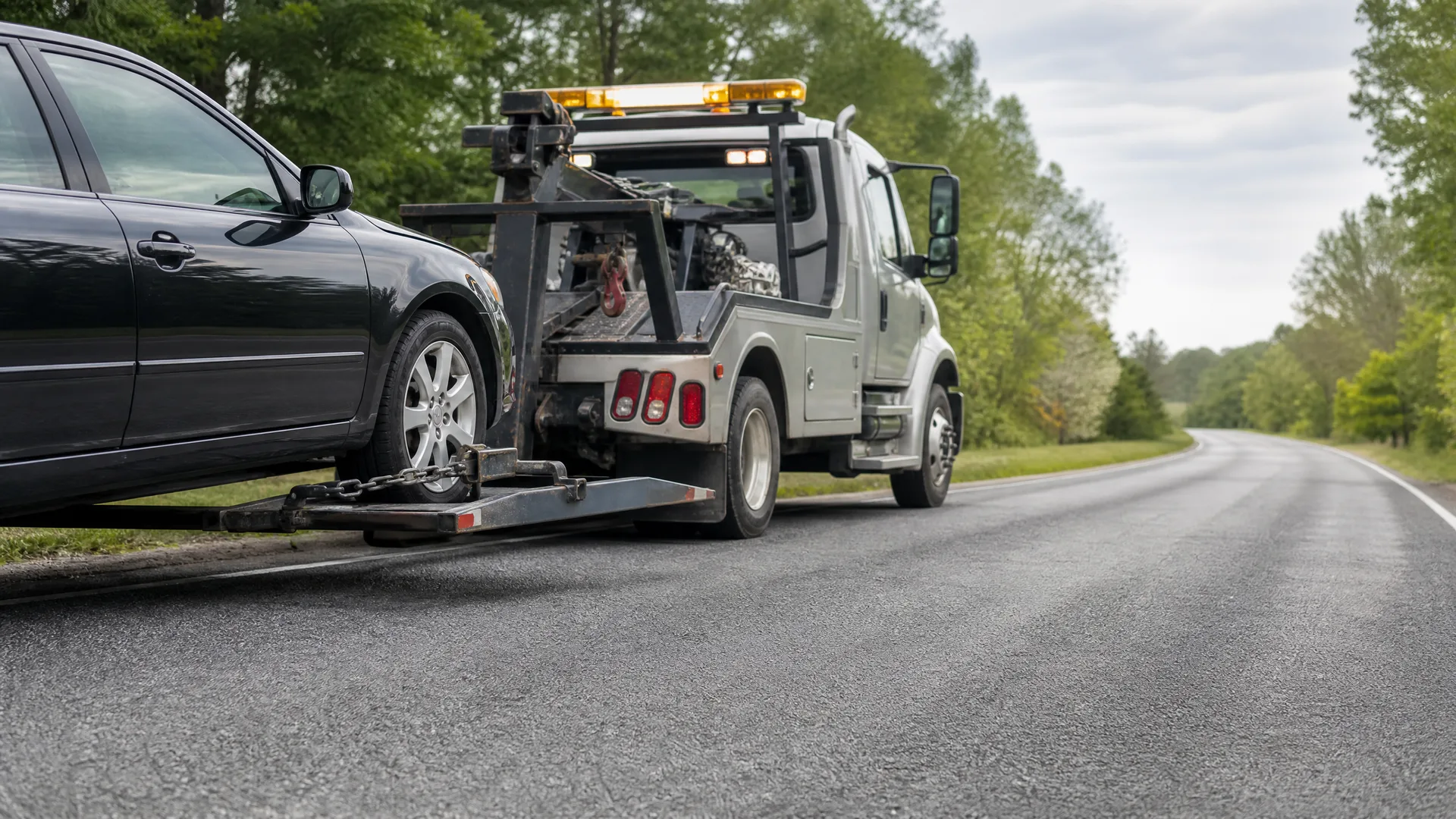 A dark sedan being loaded onto a silver tow truck with amber roof lights at the edge of a paved road lined with green trees.