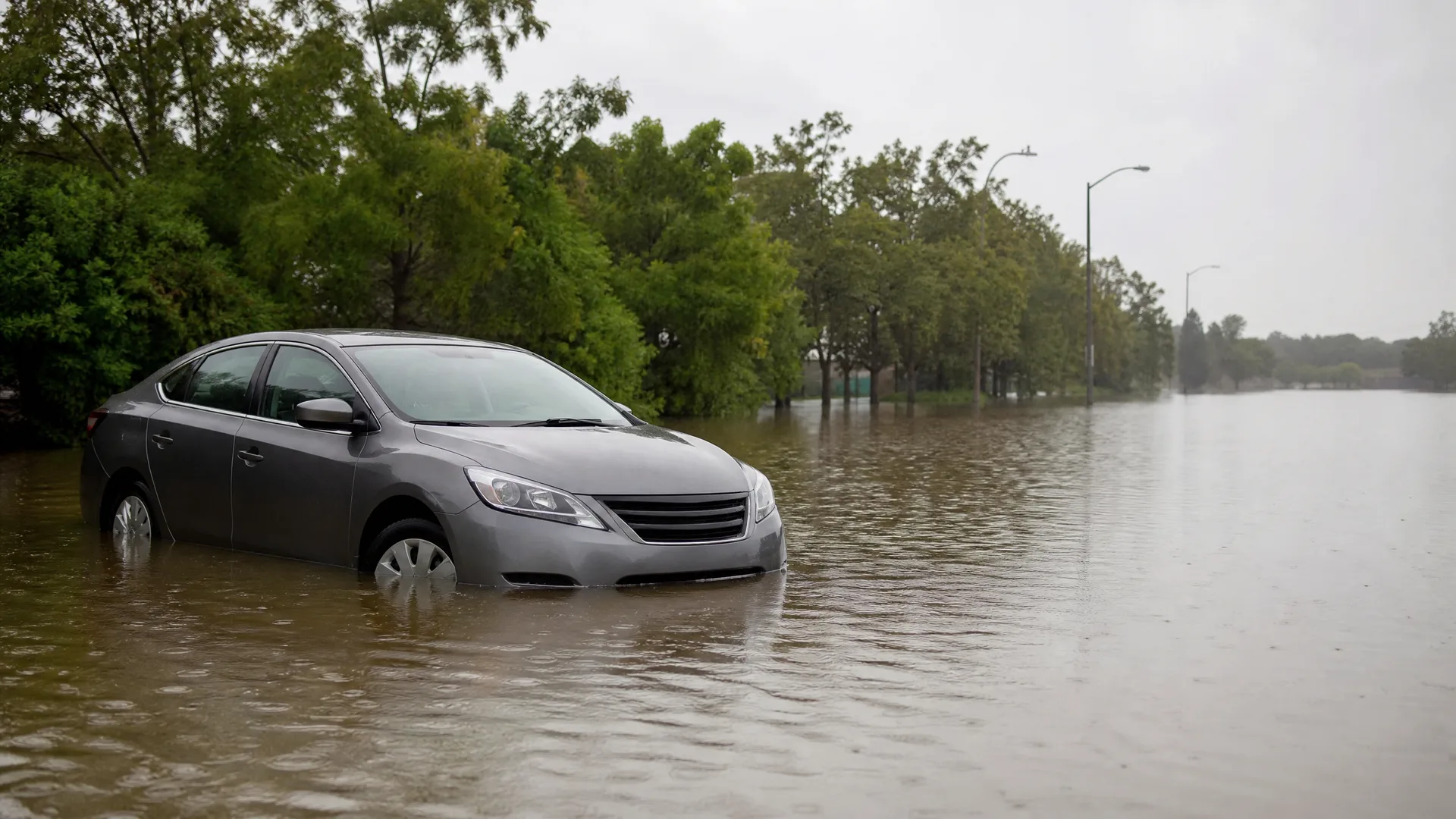 A gray sedan sits in brown floodwater covering a road, with green trees and street lights along the submerged roadway under an overcast sky.