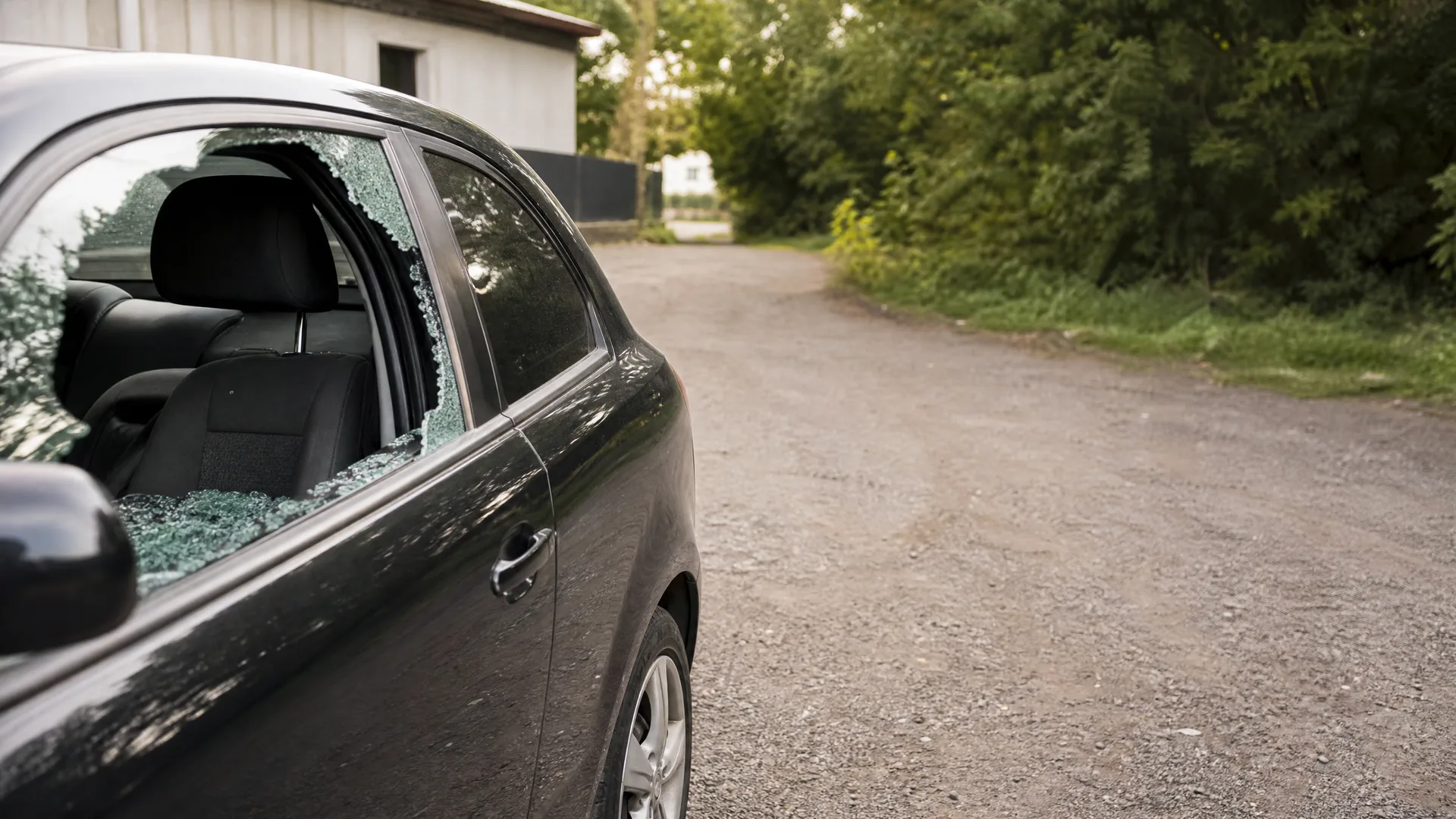 A dark sedan parked on a gravel road with its rear side window smashed and shattered glass fragments on the door and sill, with green trees and a light-colored building in the background.