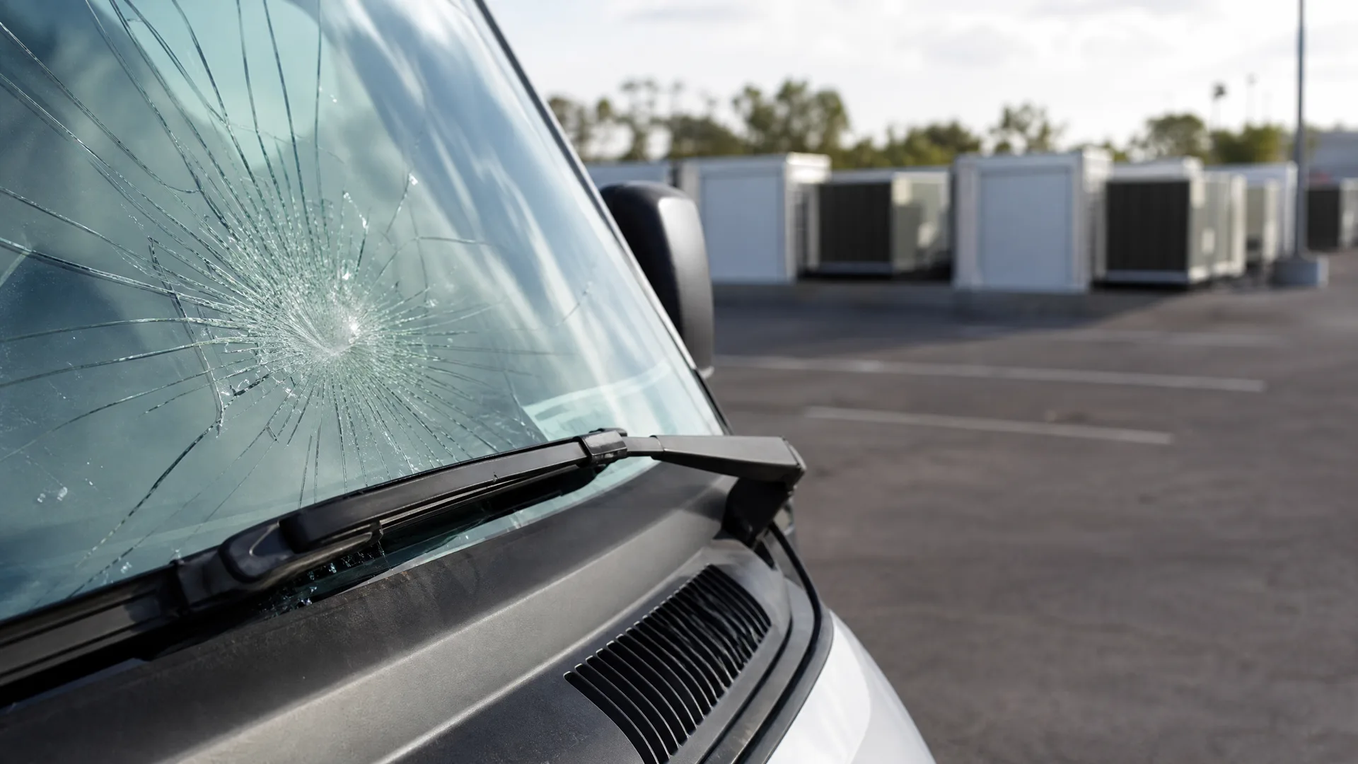 Close-up of a vehicle's windshield with a large radiating crack and impact point, parked in an empty asphalt lot with white equipment units and trees in the background.