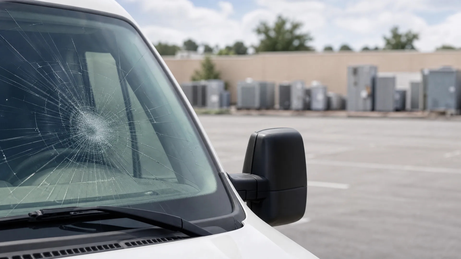 Close-up of a white van's windshield with a large radiating crack on the driver's side, parked in an empty lot with a low building and rooftop units in the background.