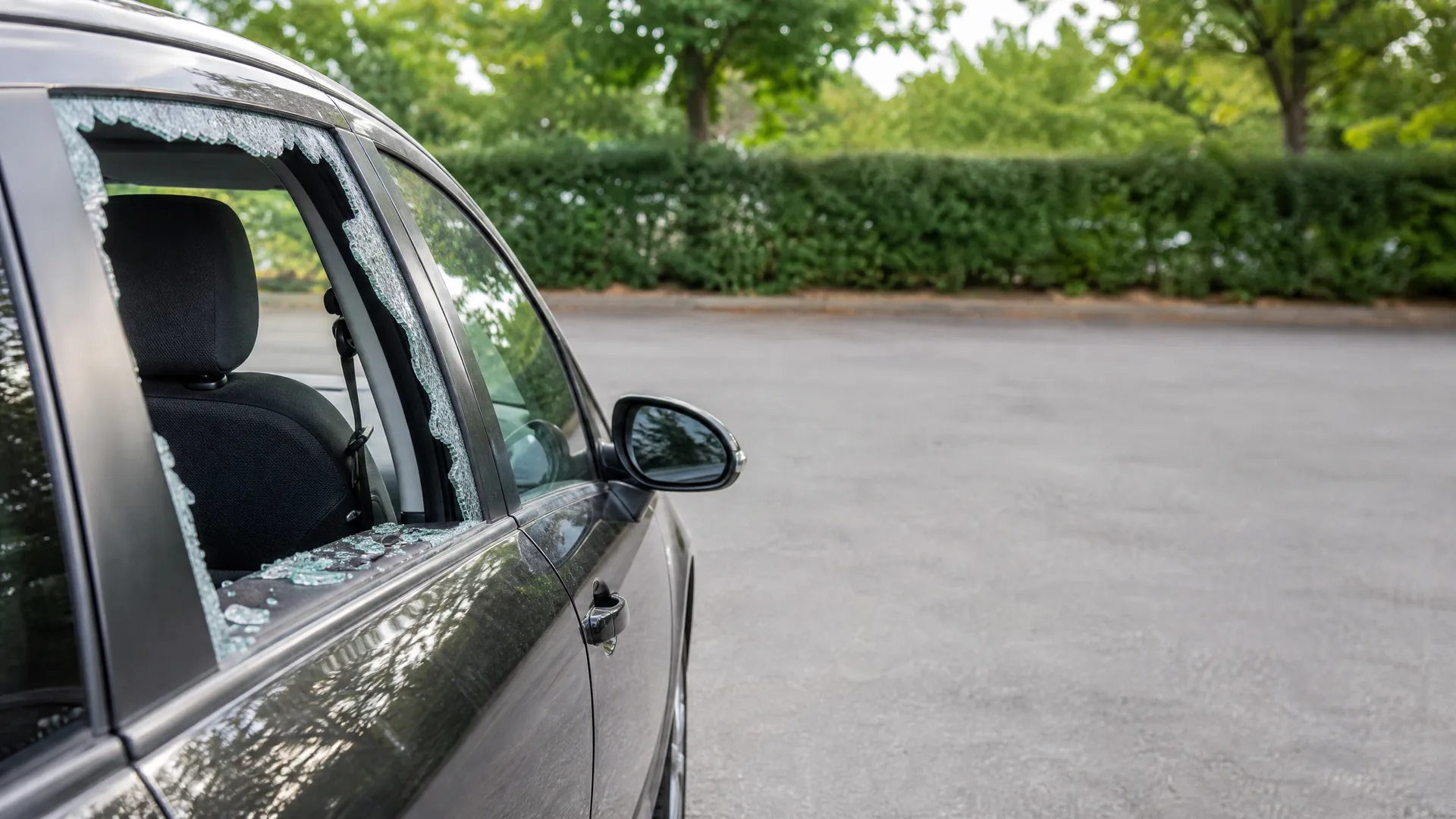 A dark car parked on asphalt with its front side window smashed, broken glass fragments along the frame and door, with a green hedge and trees in the background.