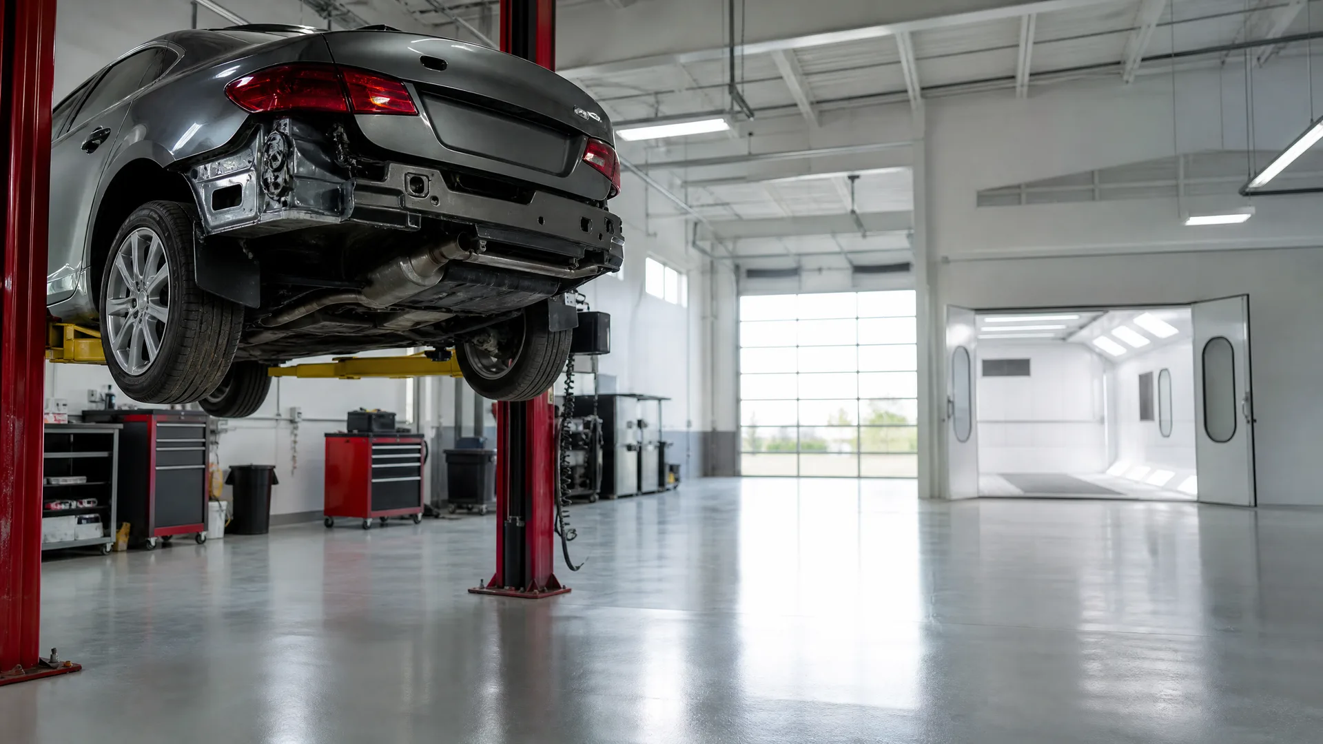 A gray sedan with its rear bumper cover removed raised on a red two-post lift inside a repair shop with tool cabinets, a polished concrete floor and a white spray booth in the background.