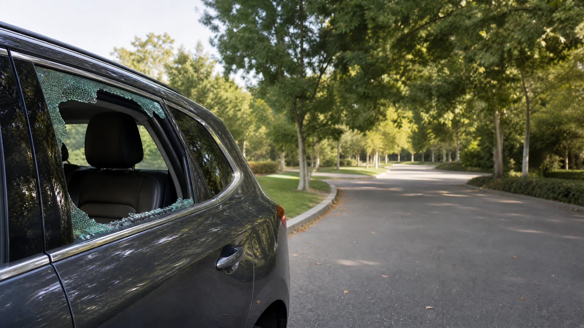 A dark gray SUV parked beside a paved tree-lined road, with its rear side window smashed and broken glass fragments along the frame and interior.