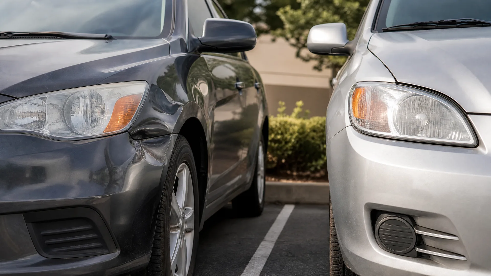 Front ends of a dark gray car and a silver car parked closely on either side of a white painted parking line, with shrubs and a wall blurred in the background.