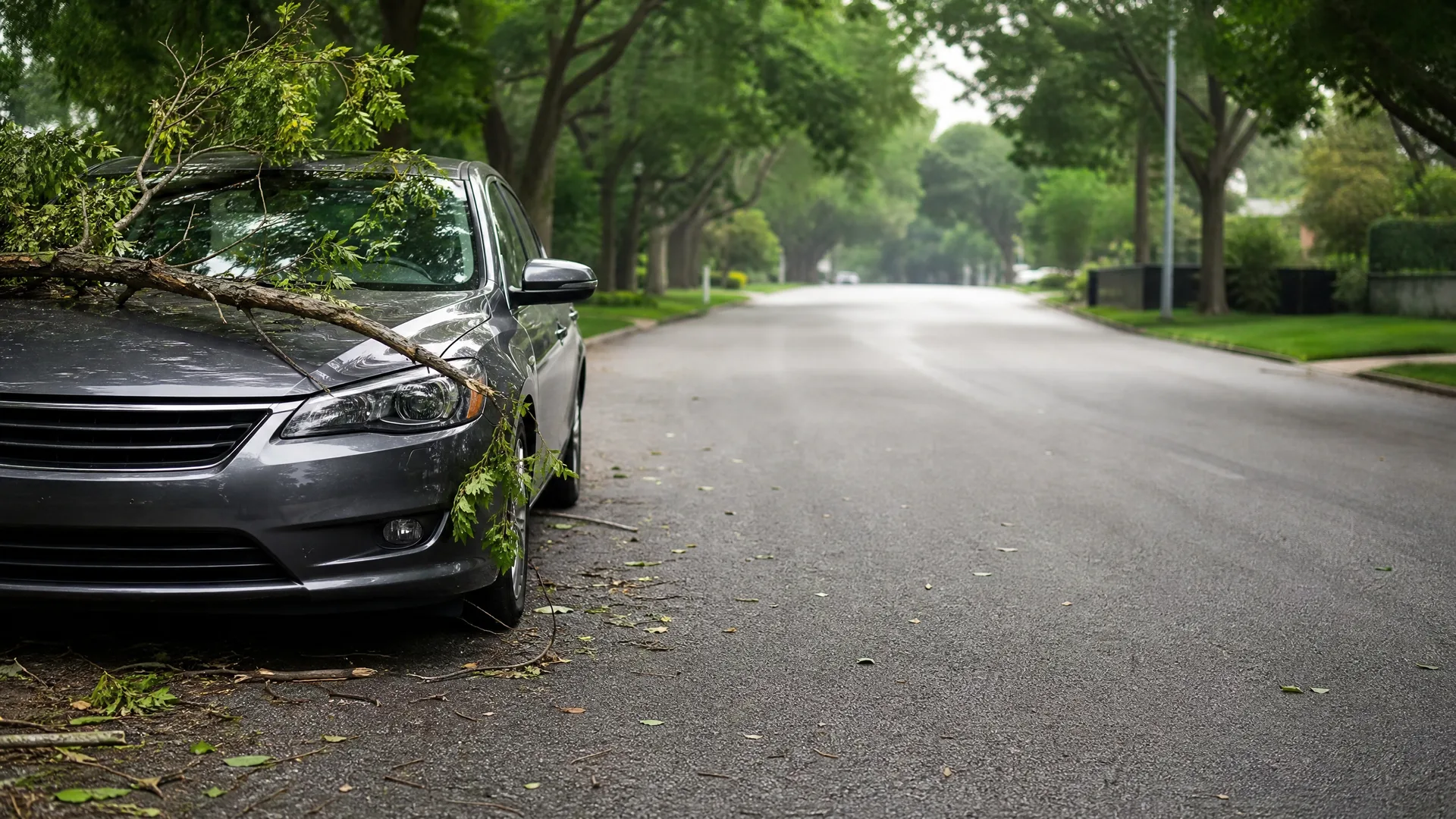 A large tree branch has fallen across the hood and windshield of a gray sedan parked on the side of a wet residential street lined with green trees.