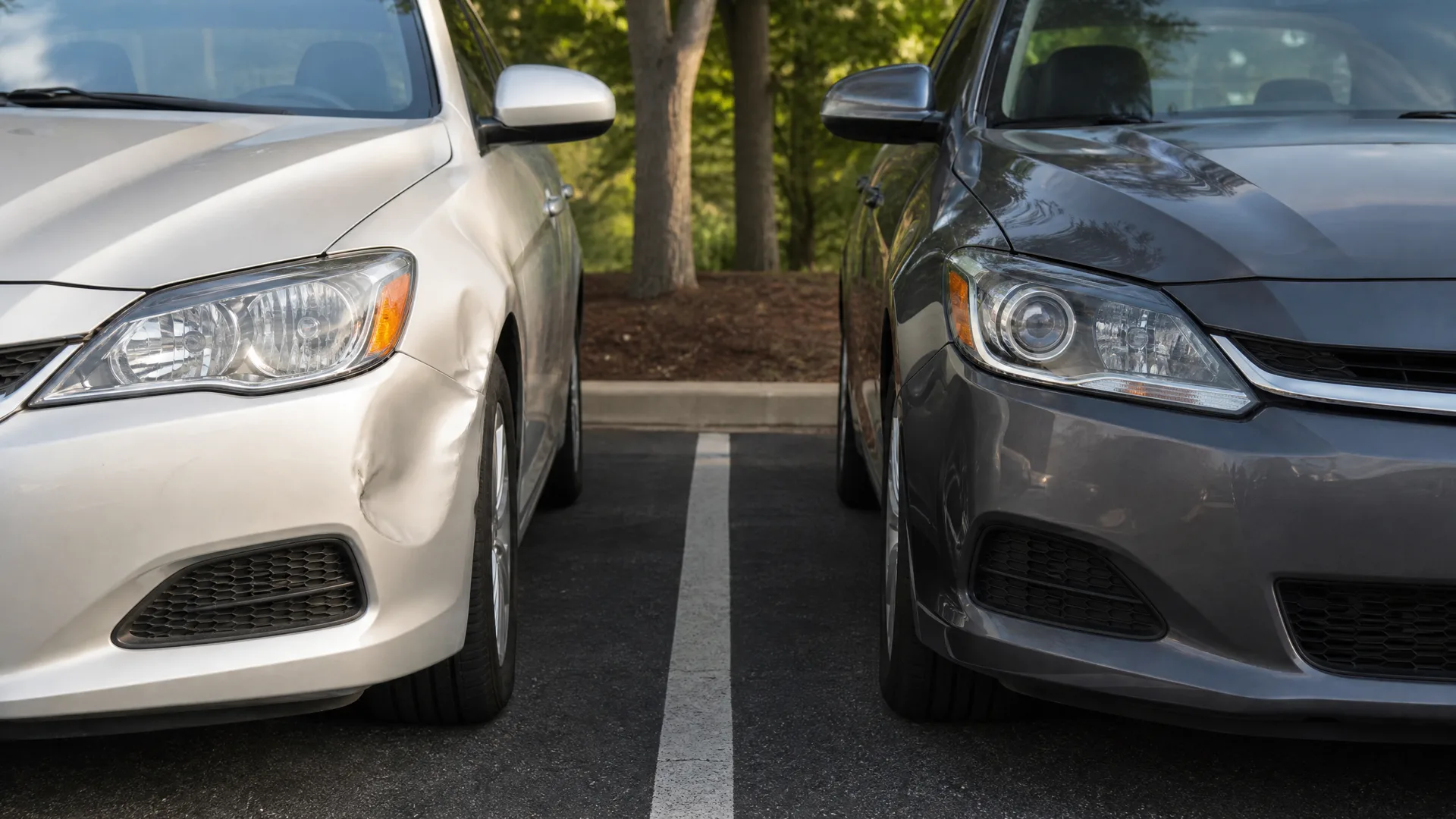 Front ends of two cars parked in adjacent spaces, the silver one on the left with a dent in its front fender and the gray one on the right undamaged, with trees and mulch behind them.