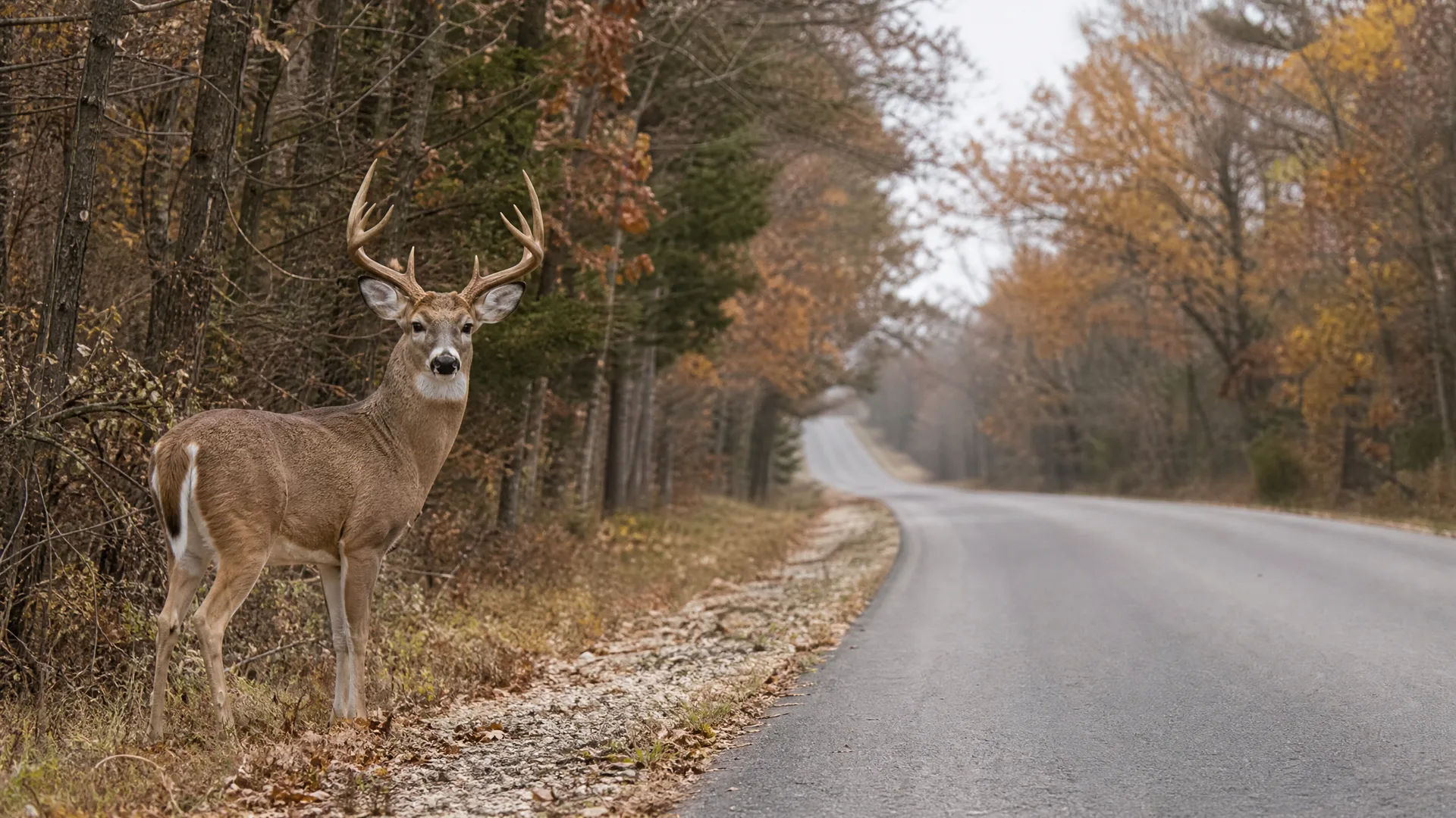 A white-tailed buck with antlers stands on the leaf-covered shoulder of a curving paved road bordered by bare and autumn-colored trees.