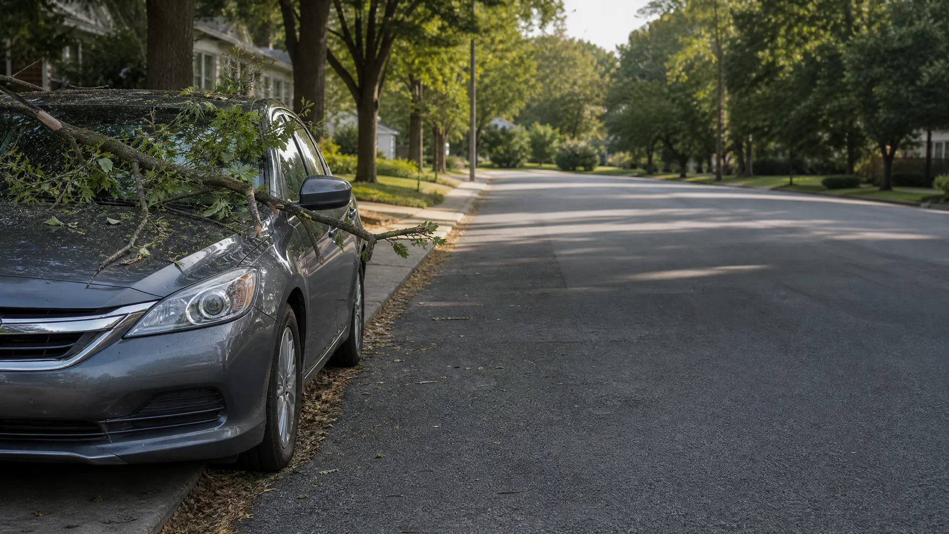 A gray sedan parked at a curb on a tree-lined residential street with a large leafy tree branch fallen across its hood and windshield.
