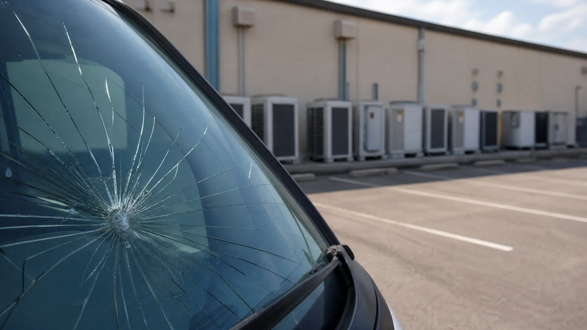 Close-up of a car windshield with a radiating crack pattern from an impact point, parked in an empty lot beside a beige building lined with outdoor HVAC condenser units.