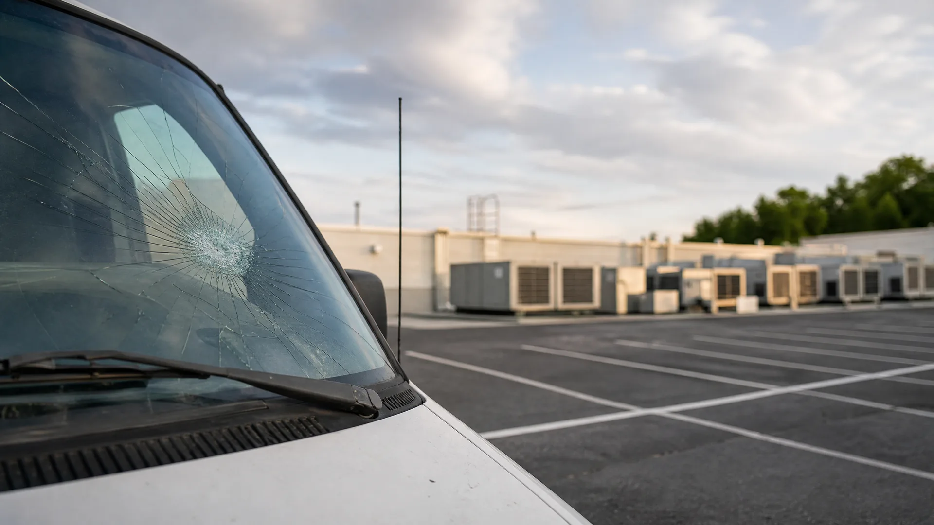 Close-up of a white vehicle's windshield with a large radiating impact crack, parked in an empty asphalt lot beside a low building with rooftop HVAC units.