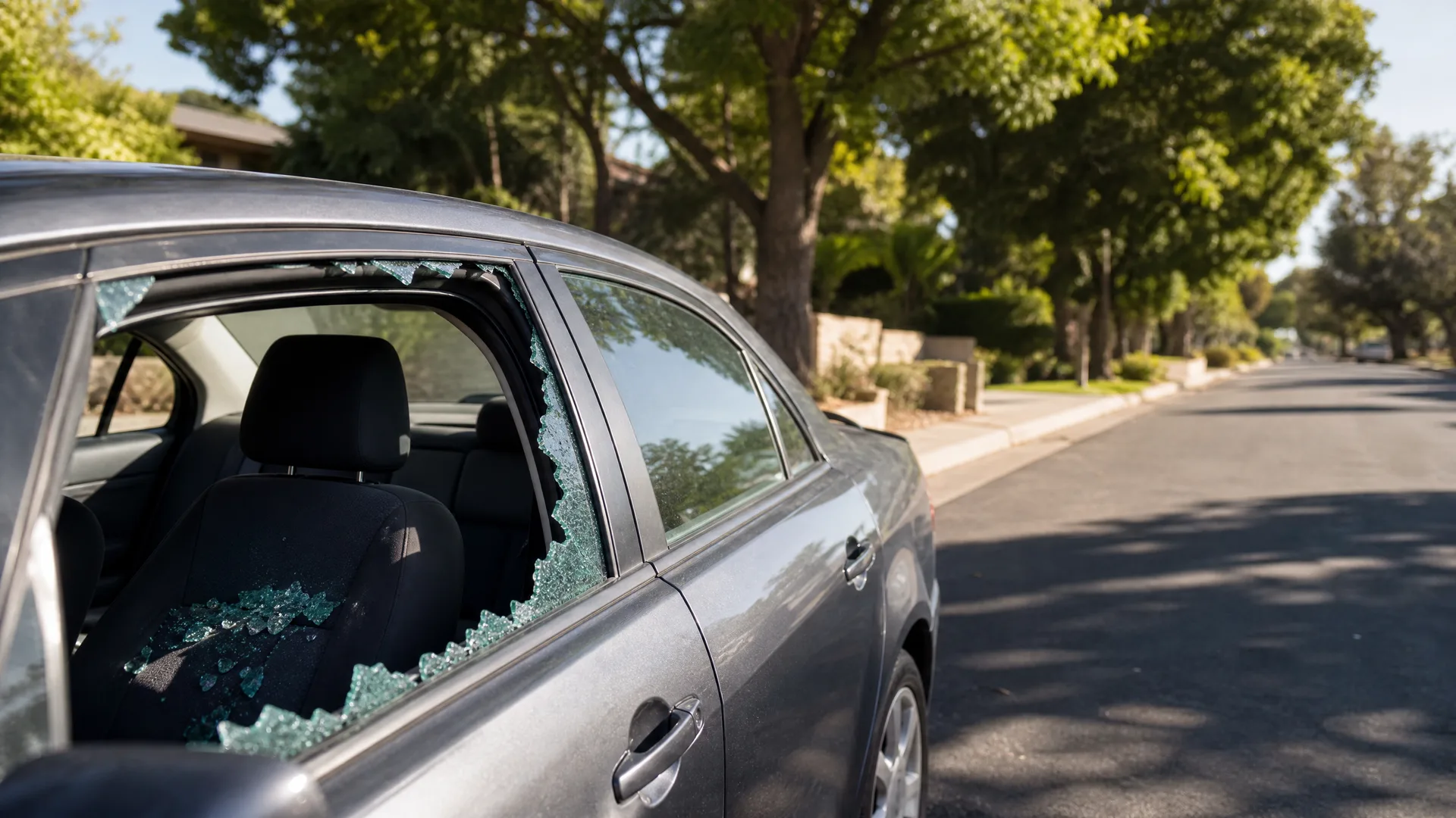 A gray sedan parked at the curb of a tree-lined residential street with its rear side window smashed and shattered glass fragments on the back seat.