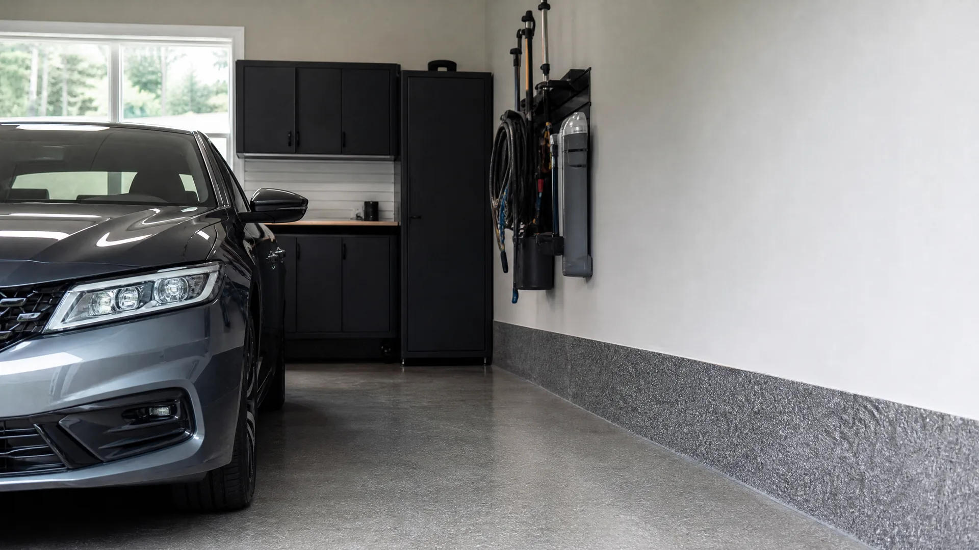 Interior of a garage with a polished grey concrete floor, a dark grey sedan parked at left, black storage cabinets with a wood countertop, hoses and tools hanging on the right wall, and a window letting in daylight.