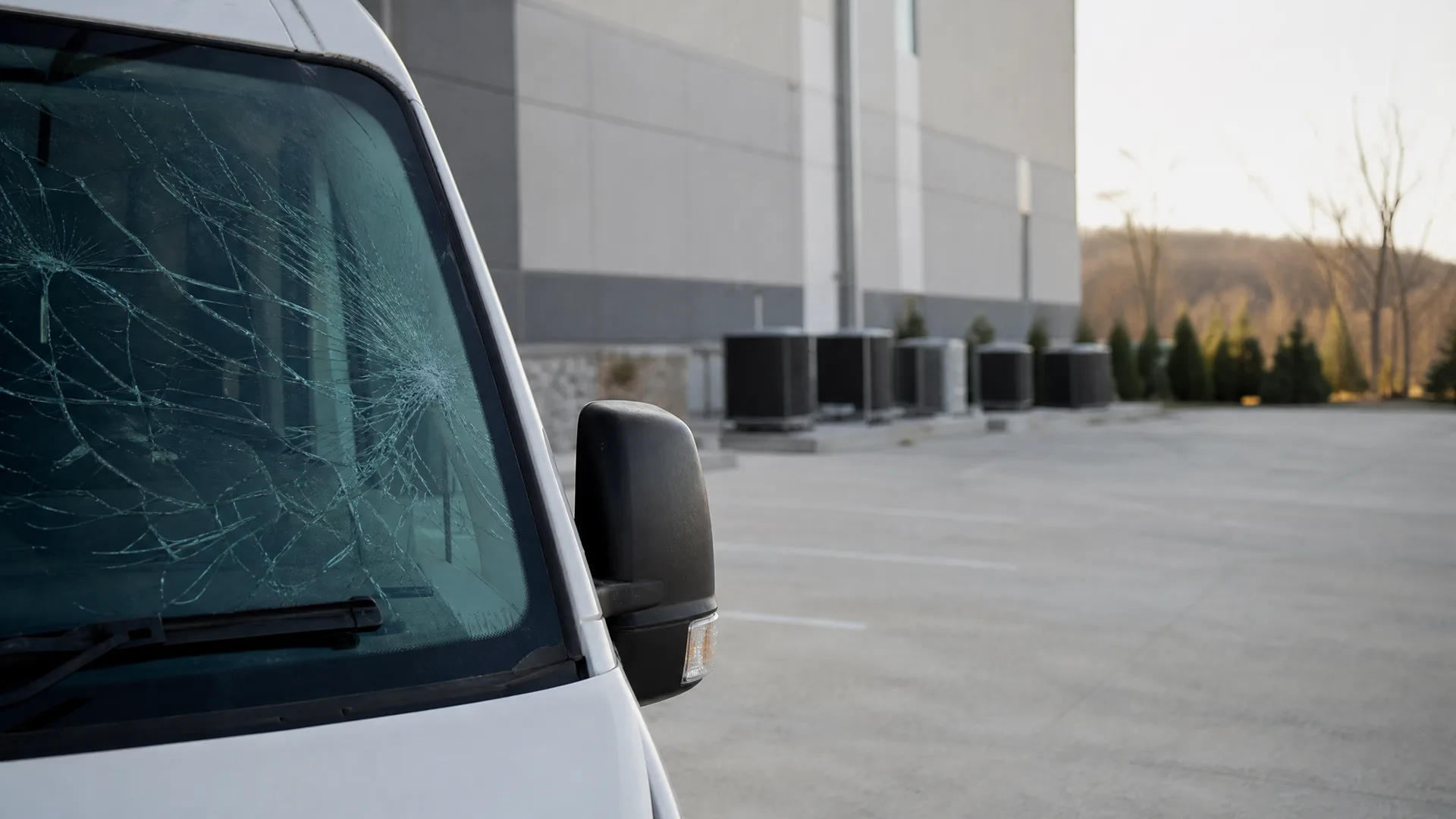A white van with a heavily cracked windshield parked on an empty paved lot beside a gray panel building with rooftop-style HVAC units and bare trees in the background.
