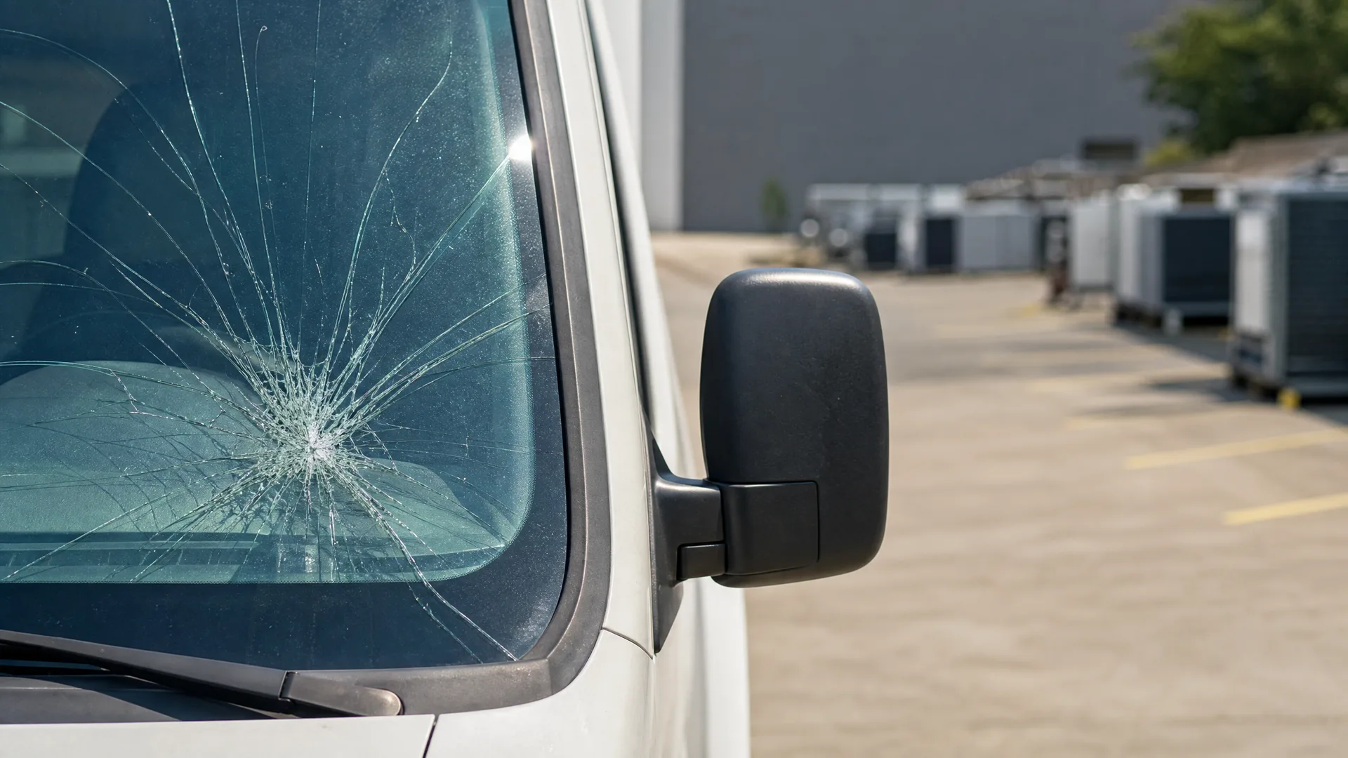Close-up of a white van's windshield with a large radiating crack, with the black side mirror and a paved lot with HVAC units and a wall in the background.