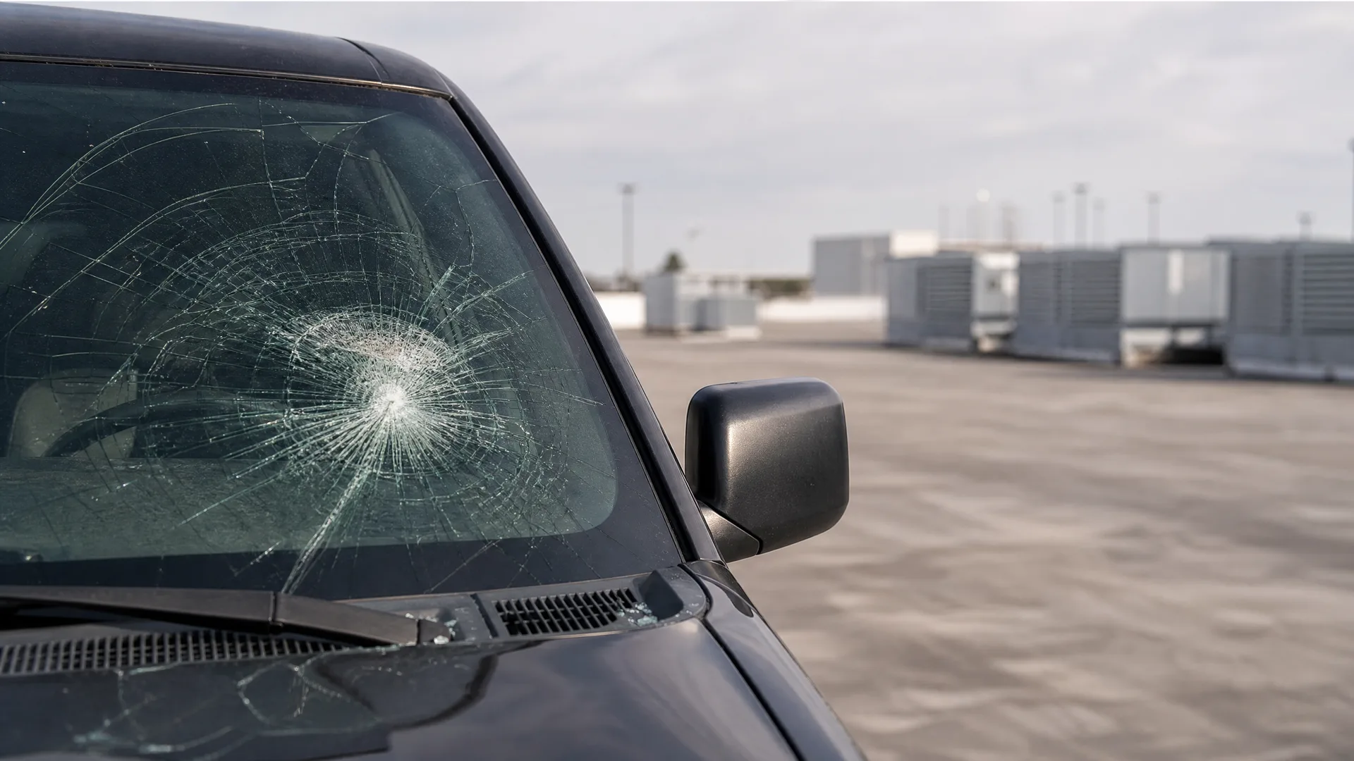Close-up of a dark vehicle with a badly shattered windshield showing a radiating impact crack, parked on an open paved lot with rooftop-style equipment units in the background.