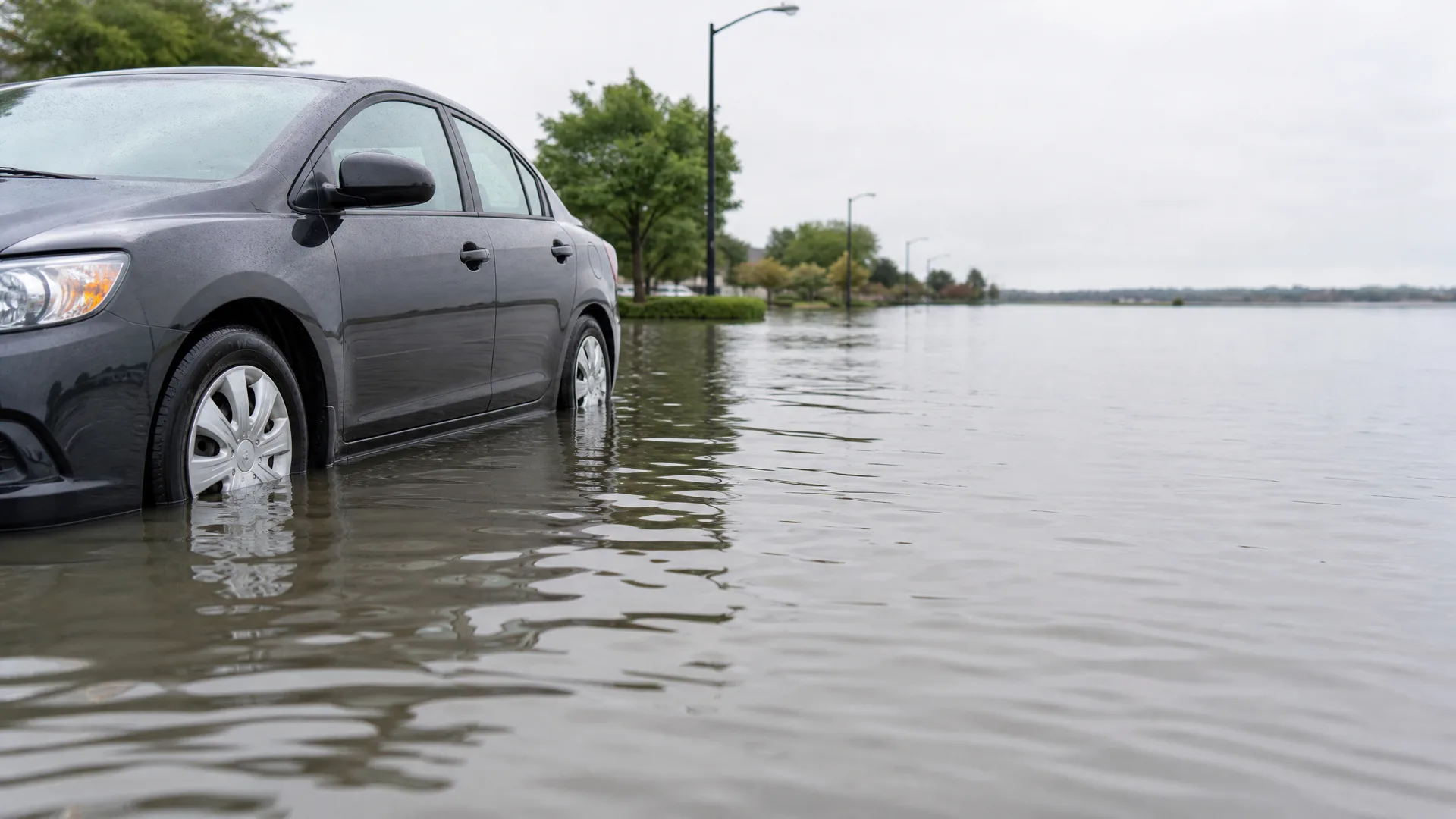 A dark sedan sits in floodwater covering a street up to its wheel rims, with trees and street lamps partly submerged in the background under an overcast sky.