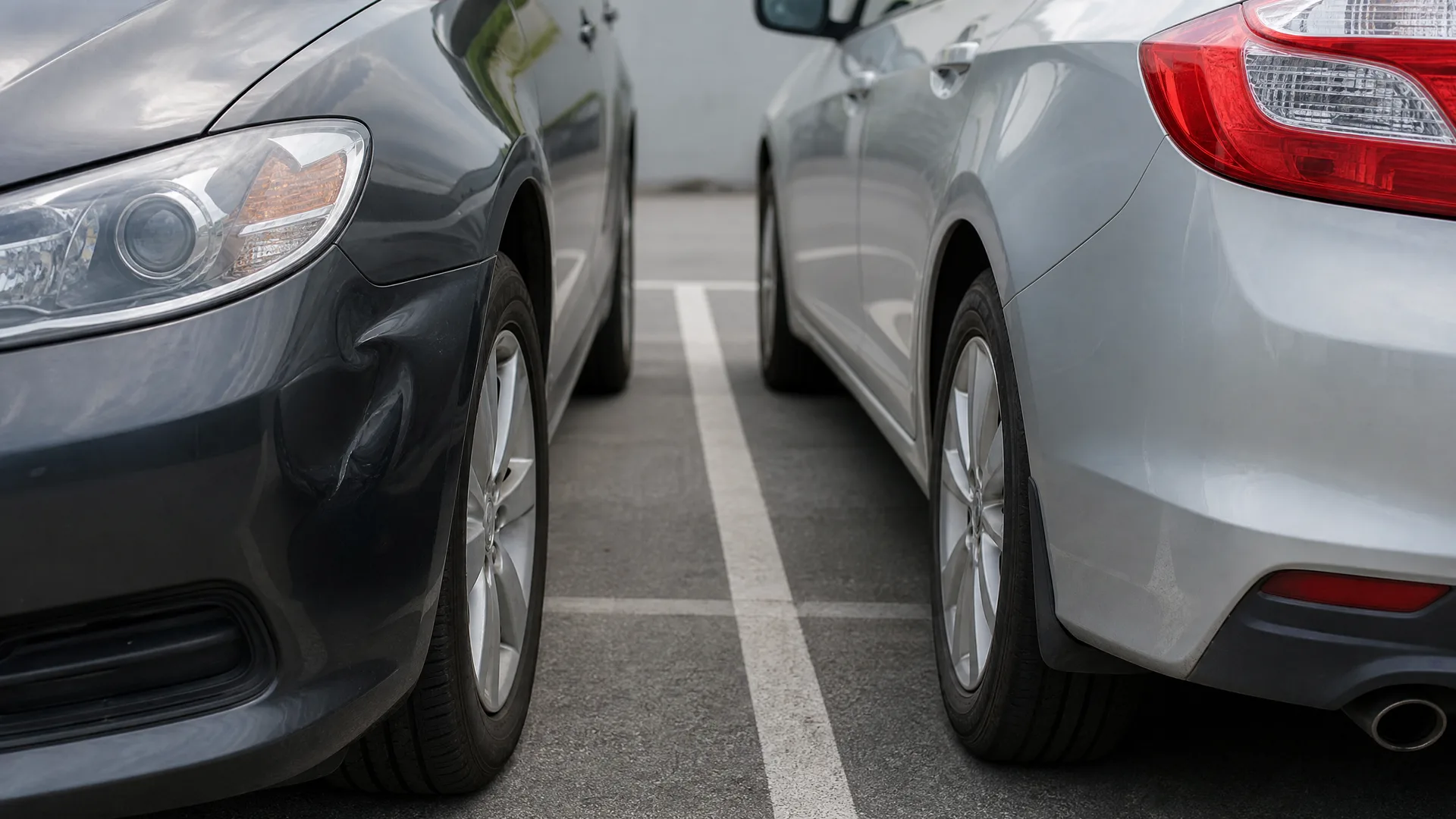 Two cars, a dark grey one on the left and a silver one on the right, parked closely on either side of a painted white line in an asphalt parking lot.