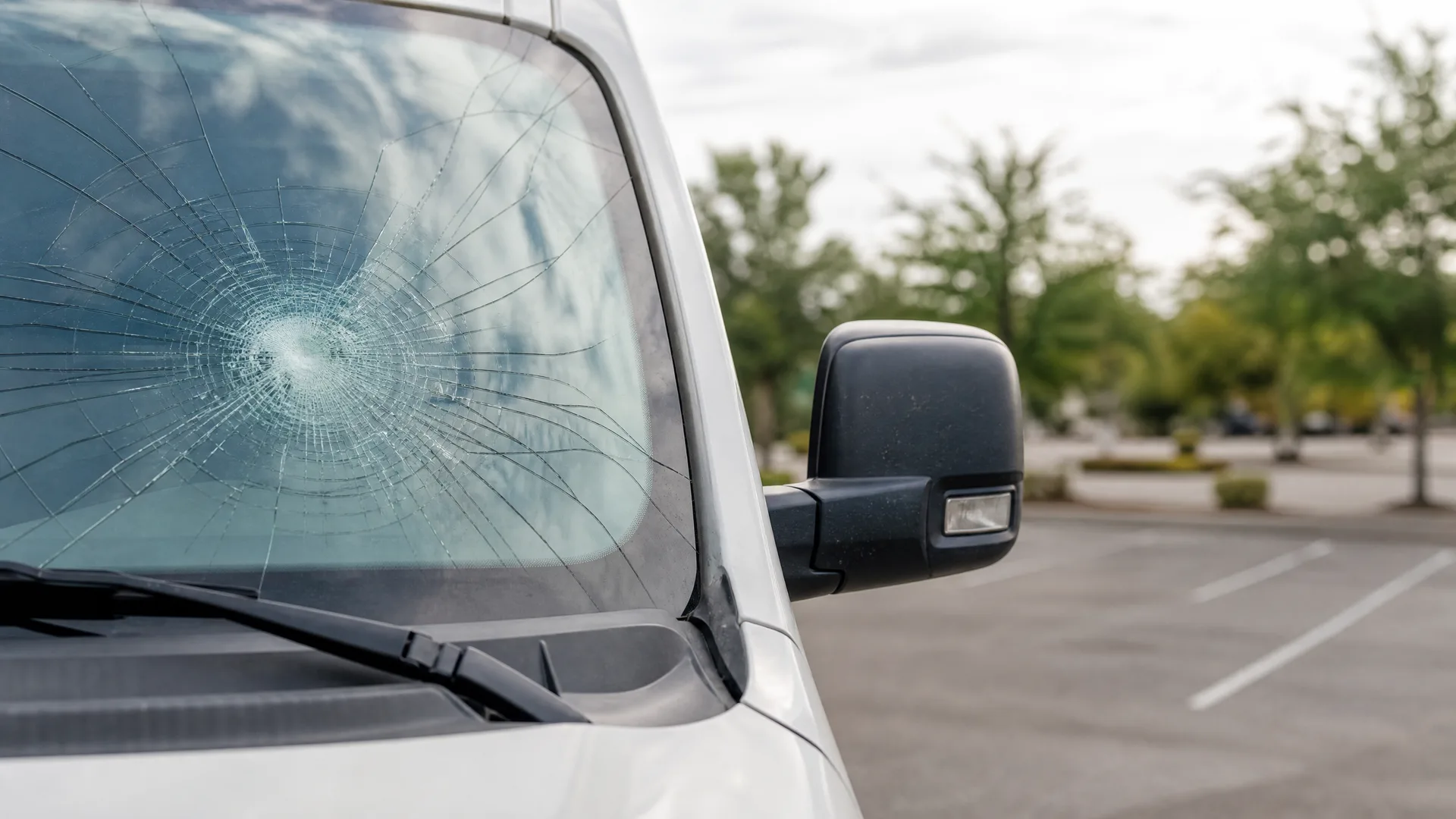 Close-up of a white vehicle's windshield with a large spiderweb crack on the driver's side, with a black side mirror and a parking lot with trees in the background.
