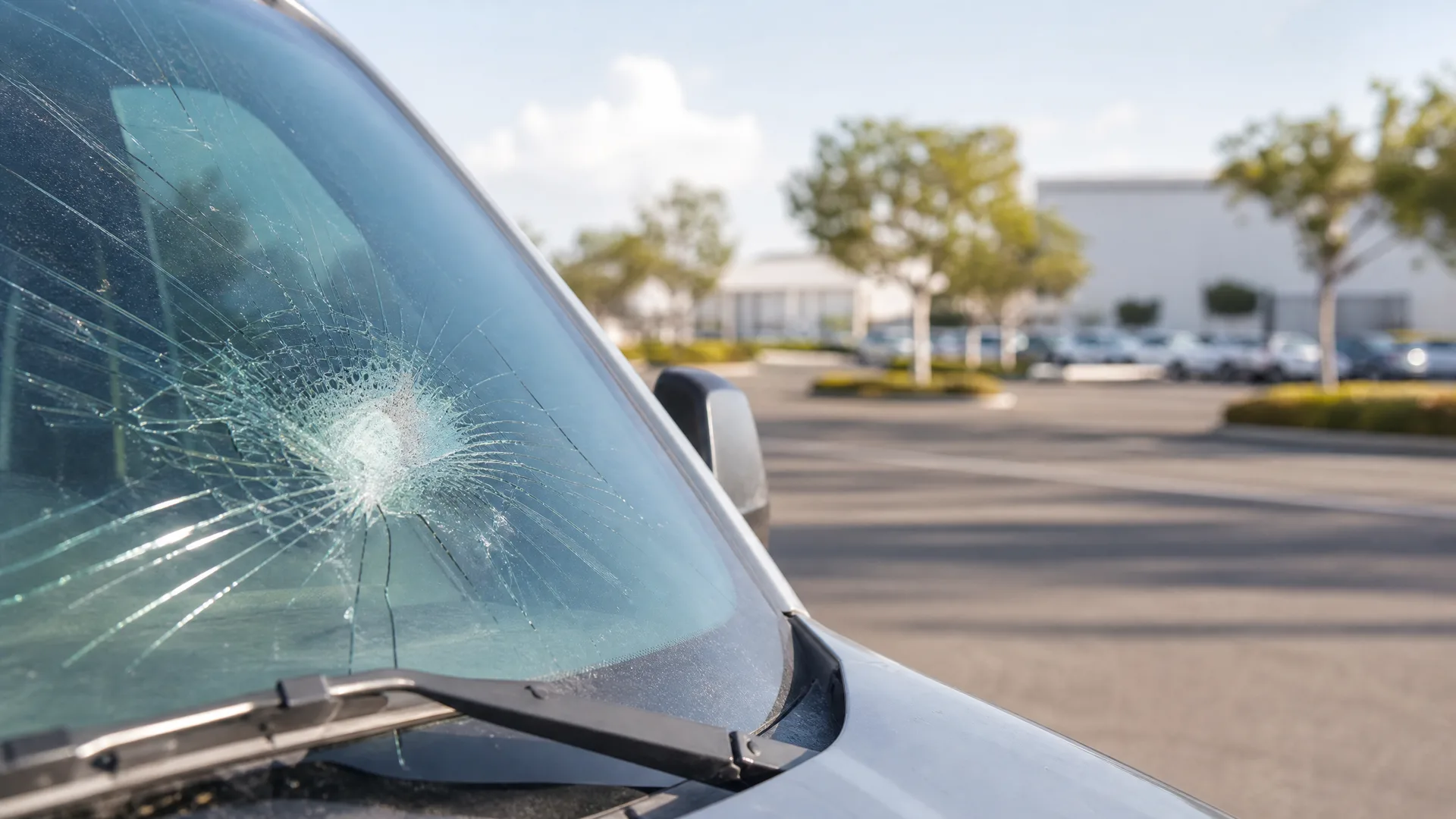 Close-up of a car's windshield with a large impact point and radiating cracks, parked in a lot with trees and low buildings blurred in the background.