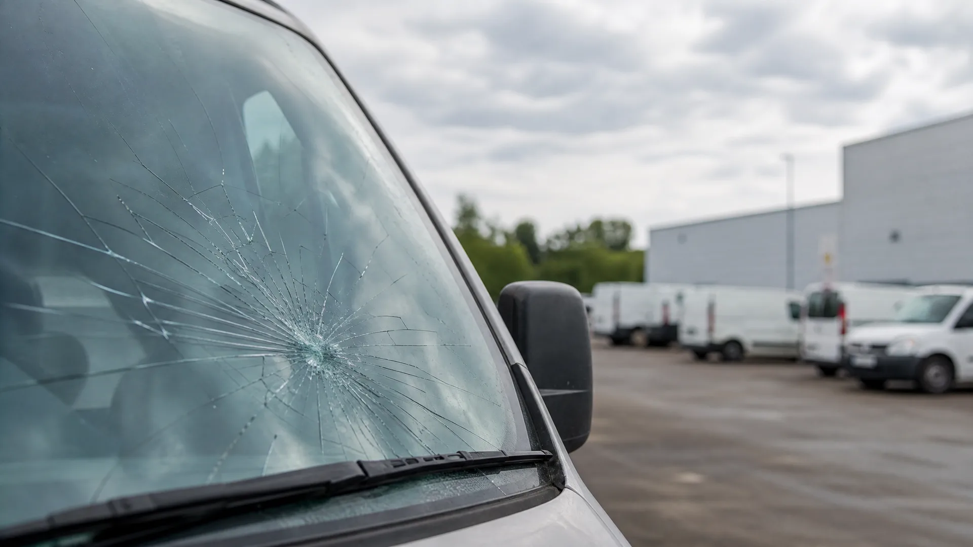 Close-up of a white van's windshield with a large impact crack and radiating fractures, parked in a lot with a row of white vans and a light-colored industrial building in the background.