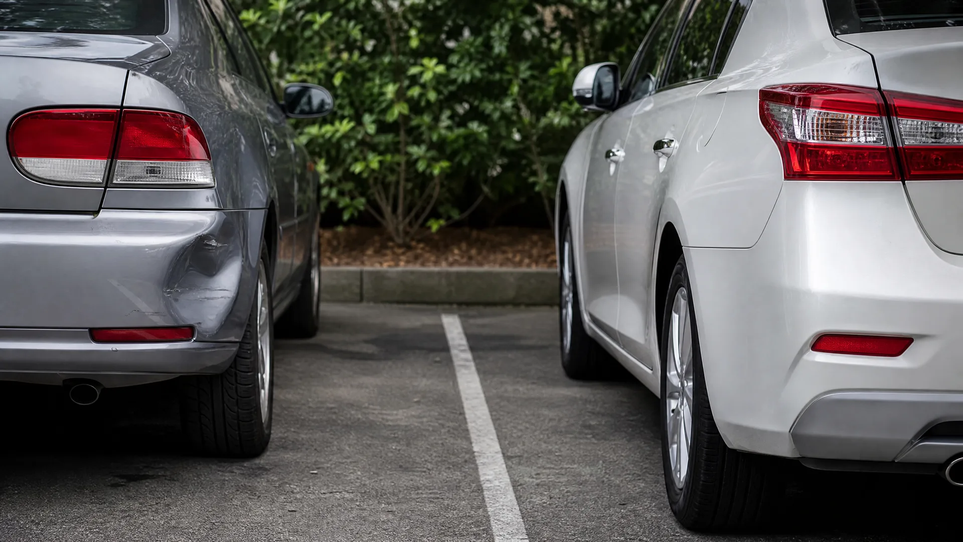 Rear ends of two parked sedans, a silver one with a dented bumper on the left and a white one on the right, separated by a white painted line on asphalt with green shrubs behind.
