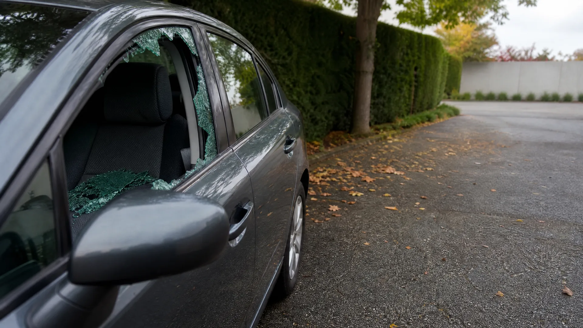 A grey sedan parked on pavement with its front and rear driver-side windows smashed and broken green glass scattered on the seats and door, beside a tall hedge with fallen autumn leaves.